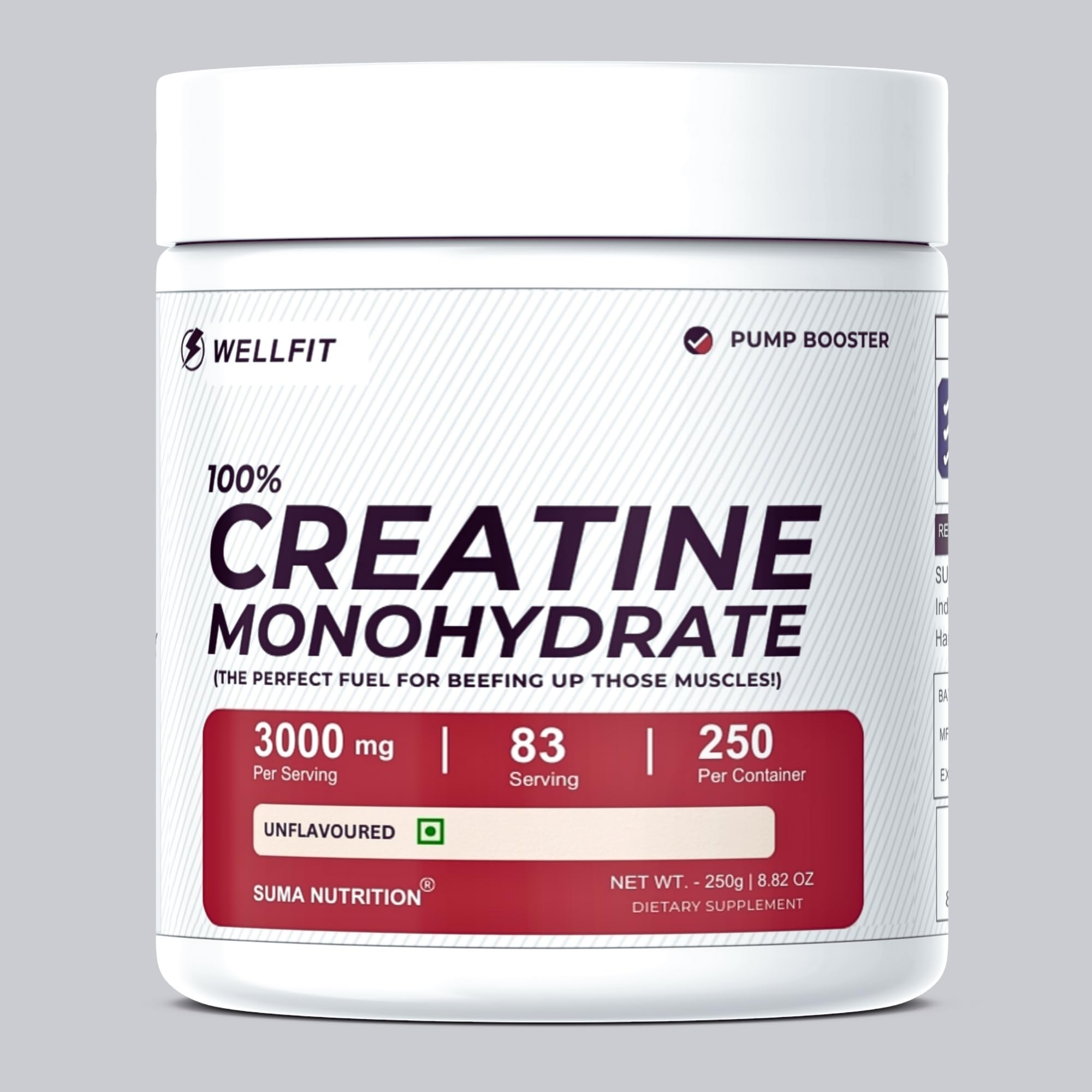 Wellfit Pure Creatine Monohydrate Powder 250gm | 100% Pure Creatine | Lab Tested | Enhanced Muscle Strength & Pump | Unflavoured