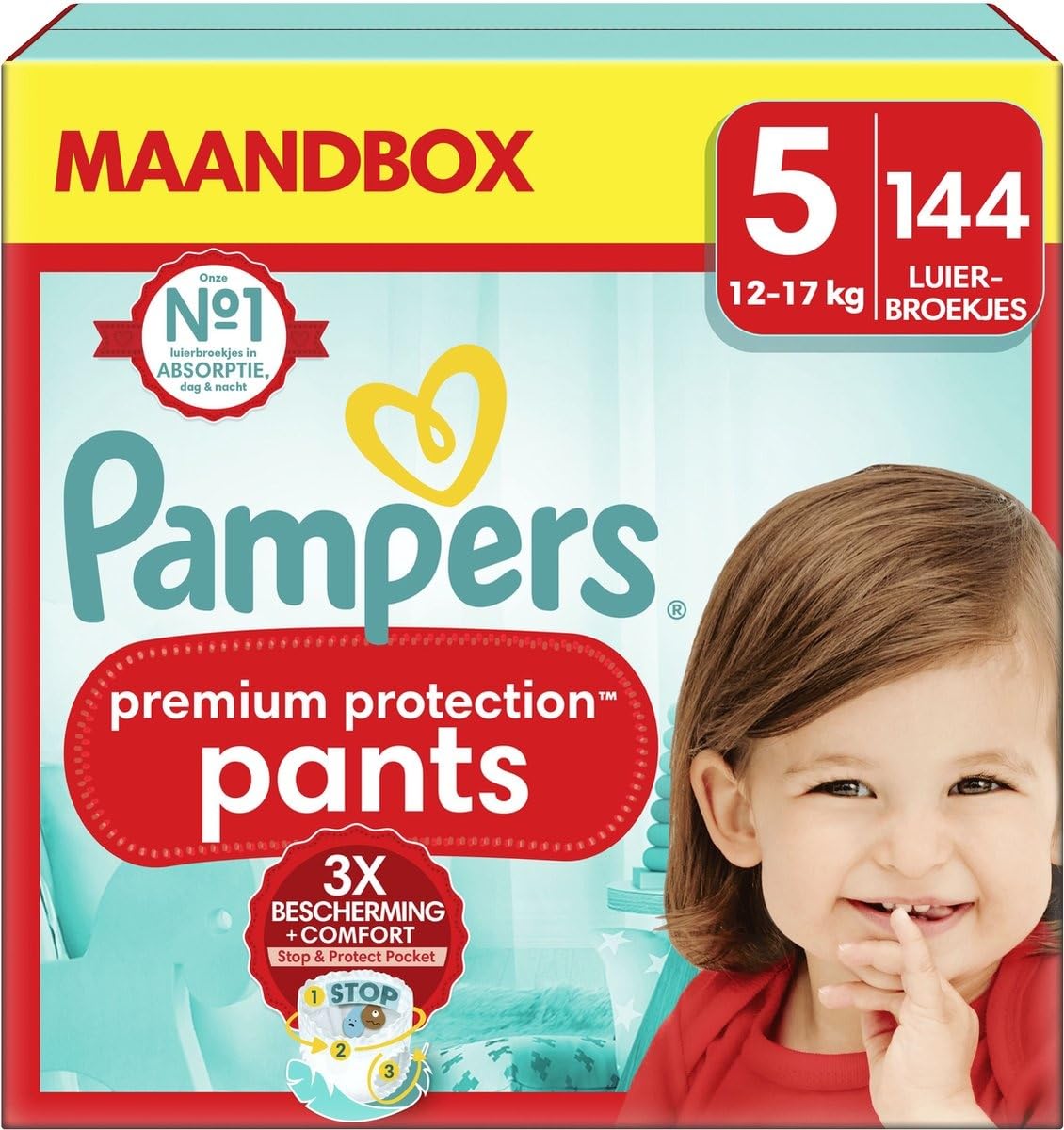 Pampers Pantalones de protección premium talla 5, 144 pañales, 12 kg – 17 kg, comodidad y protección con los pantalones Pampers para un fácil ajuste | 11-17 kg. Nuestra Mejor Comodidad Y Protección. Mantiene 360° y barreras antifugas suaves. Paquete de 1