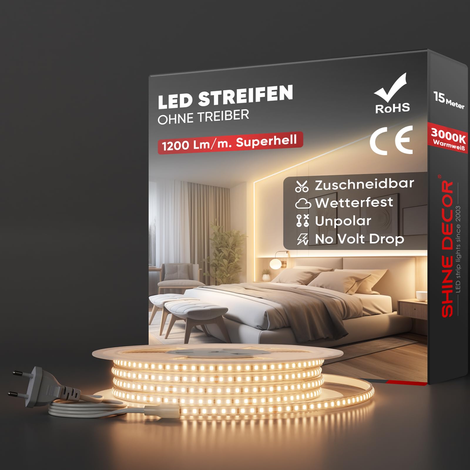 Shine Decor LED Streifen, AC 220V 230V IP65 Wasserdicht LED Band, SMD 2835 120 leds/m Ultrahohe Helligkeit Lichtleiste für Home Decoration Küche Garten LED Beleuchtung