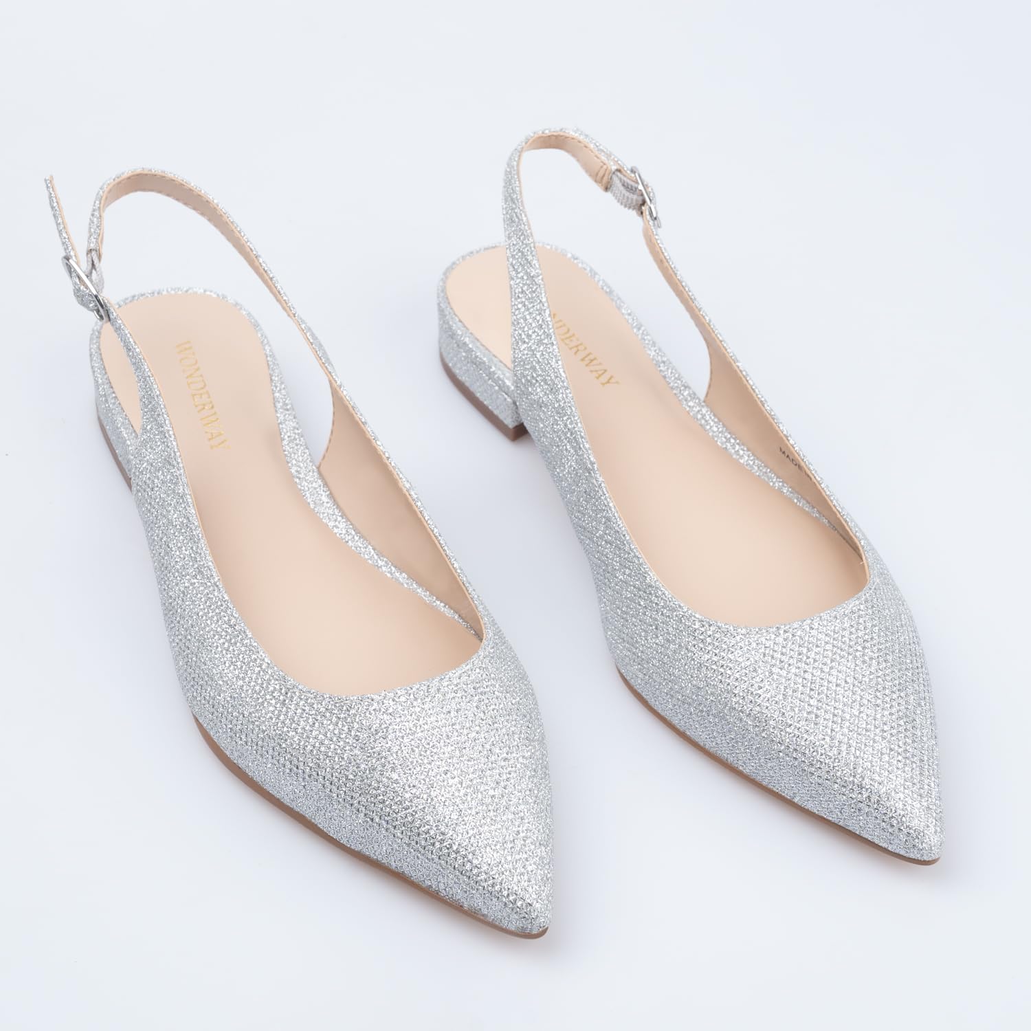 WONDERWAY Damen Slingback Flache Schuhe mit Spitzkappe für feierlich, lässig, Arbeit, Hochzeit, Silberfarbener Glitzer, 41 EU