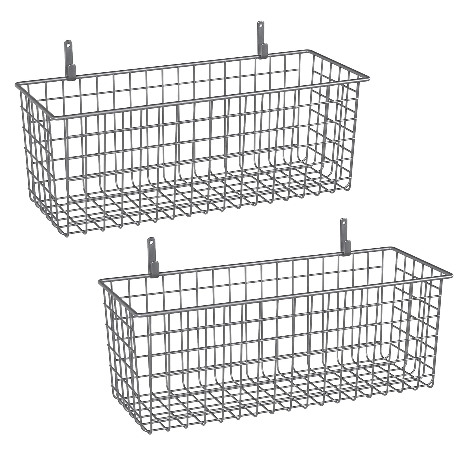 2 Sets Extra Large Hanging Wall Basket, Grey Metal Wire Baskets with Steel Hooks for Organizing, WallmountedFruit Vegetable Toy Snack Storage, Home Kitchen Bathroom Laundry Pantry Organizer