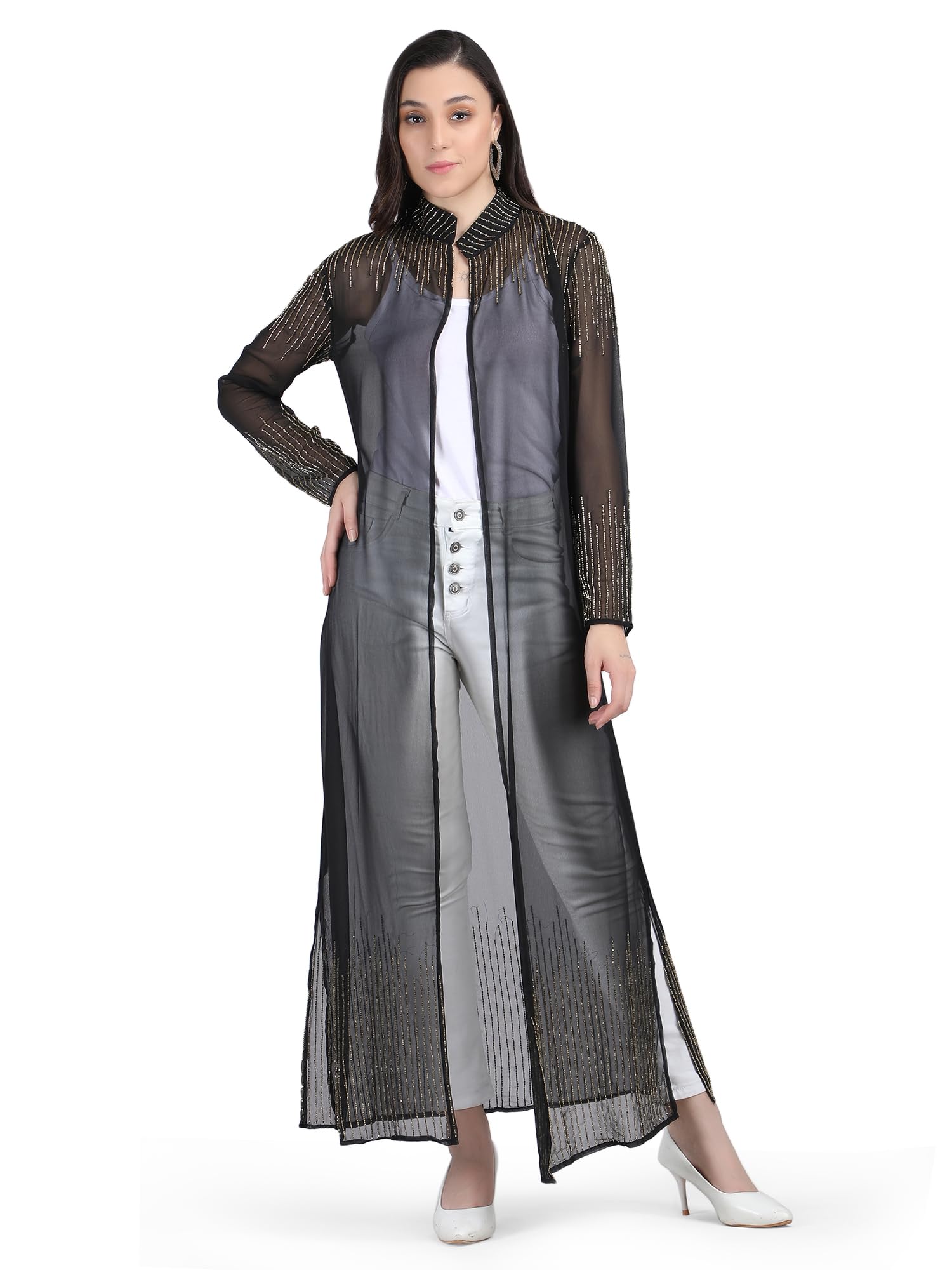 aol Sequinned/Hand Embroidered Long Georgette Mandarin Collar Shrug for Women-picture-50