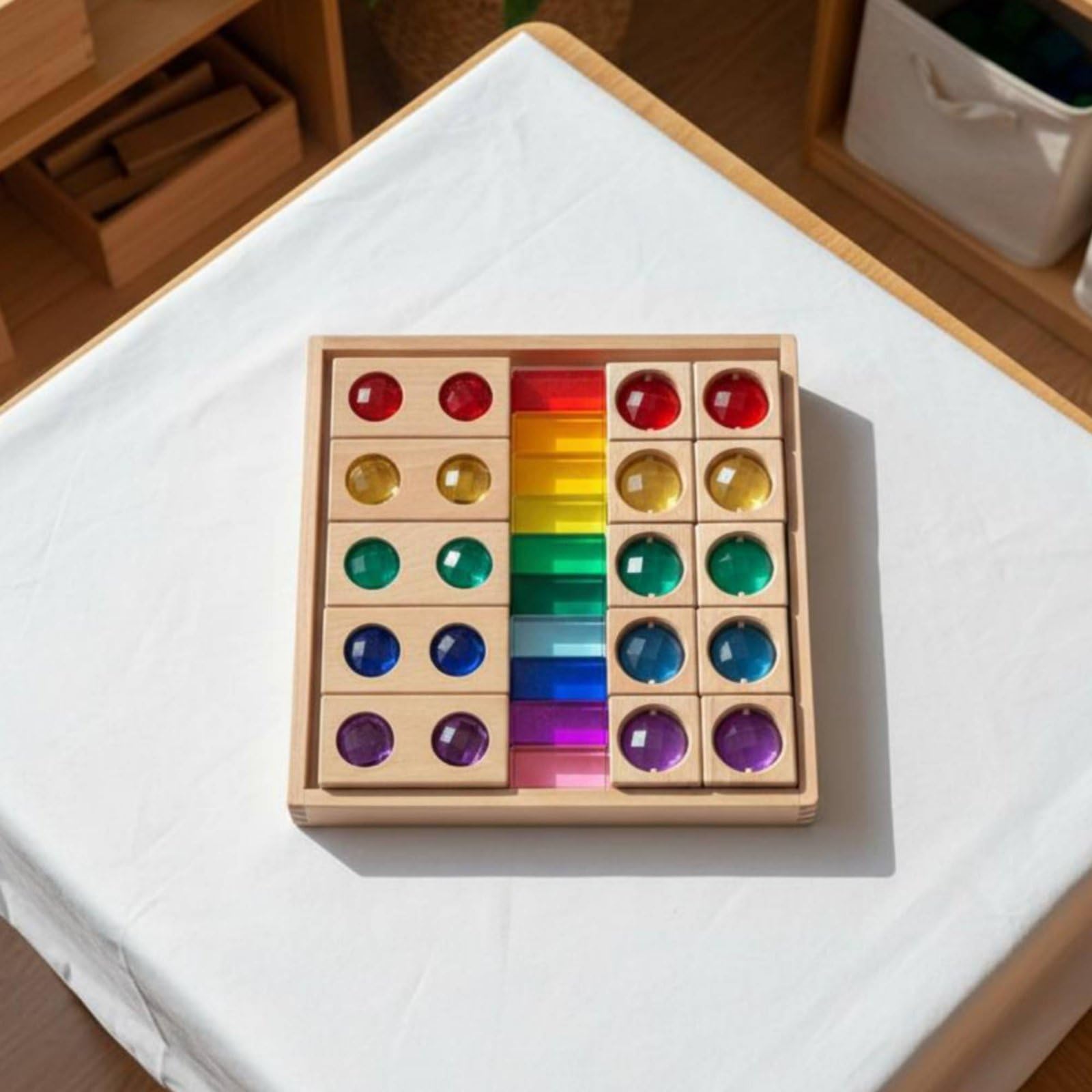 Blocchi Acrilici per Bambini Set di Gemme Cubi Educativi Blocchi Sensoriali Vassoio in Legno Gioco Manipolativo per Riconoscere Colori Forme Pattern Adatti a Scuola Casa Aula