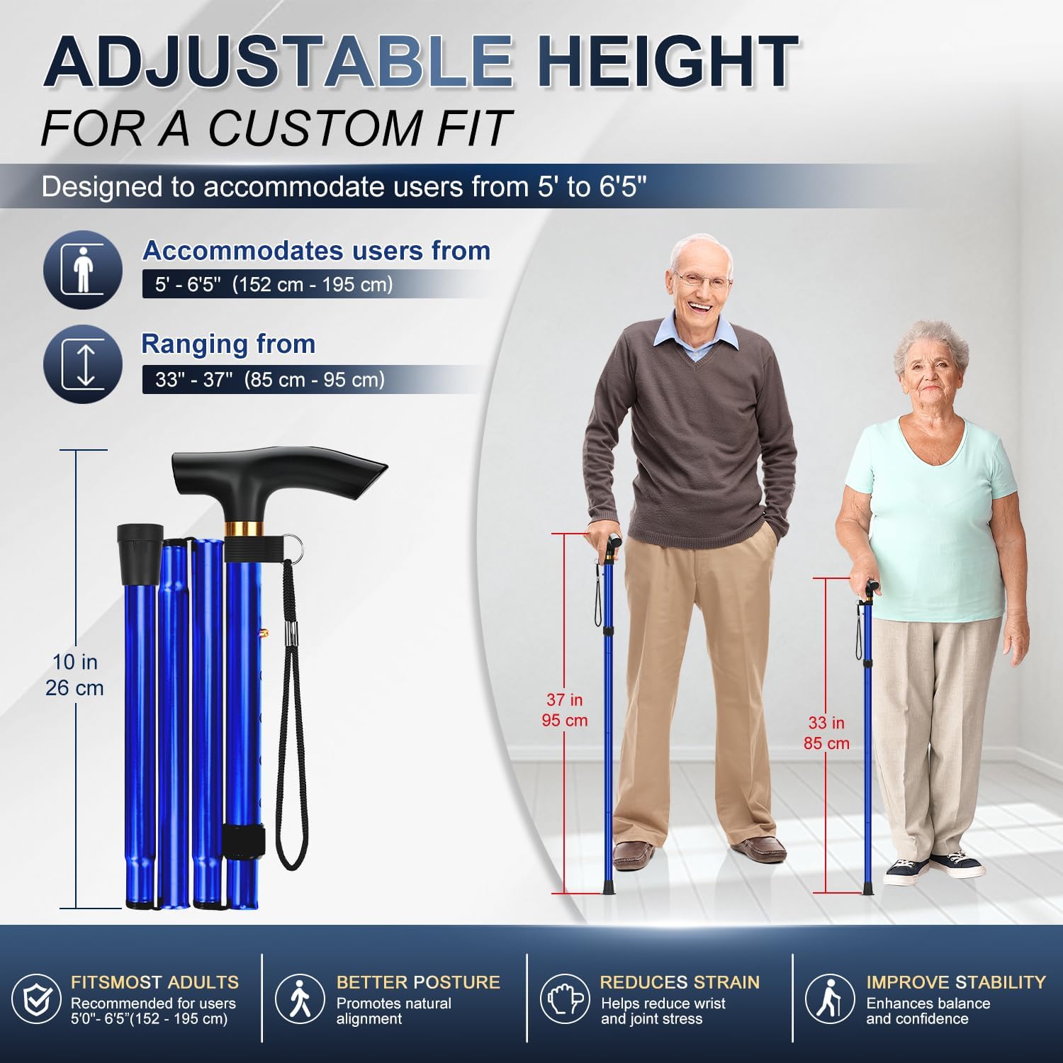 supregear Folding Stick, 5 Levels Height-Adjustable Walking Stick, Lightweight Portable Walking Stick, Travel Stick with Hand Strap and T-Handle for Elderly Disabled Men Women darkblue
