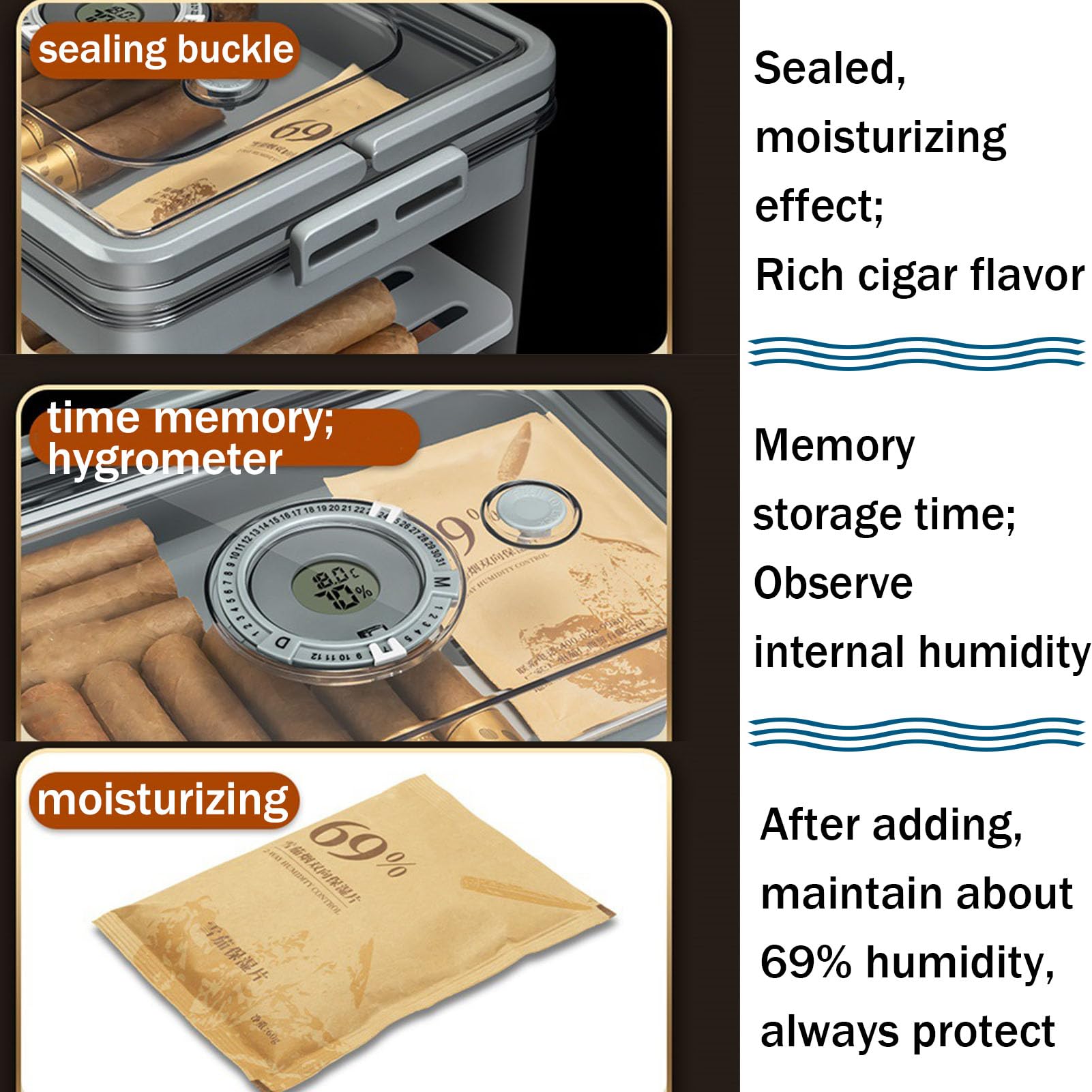Humidor per Sigari, Trasparente Scatola Portasigari con Mensole in Legno di Cedro E Igrometro, Custodia da Viaggio in Legno di Cedro con CoperchioClear,One Size