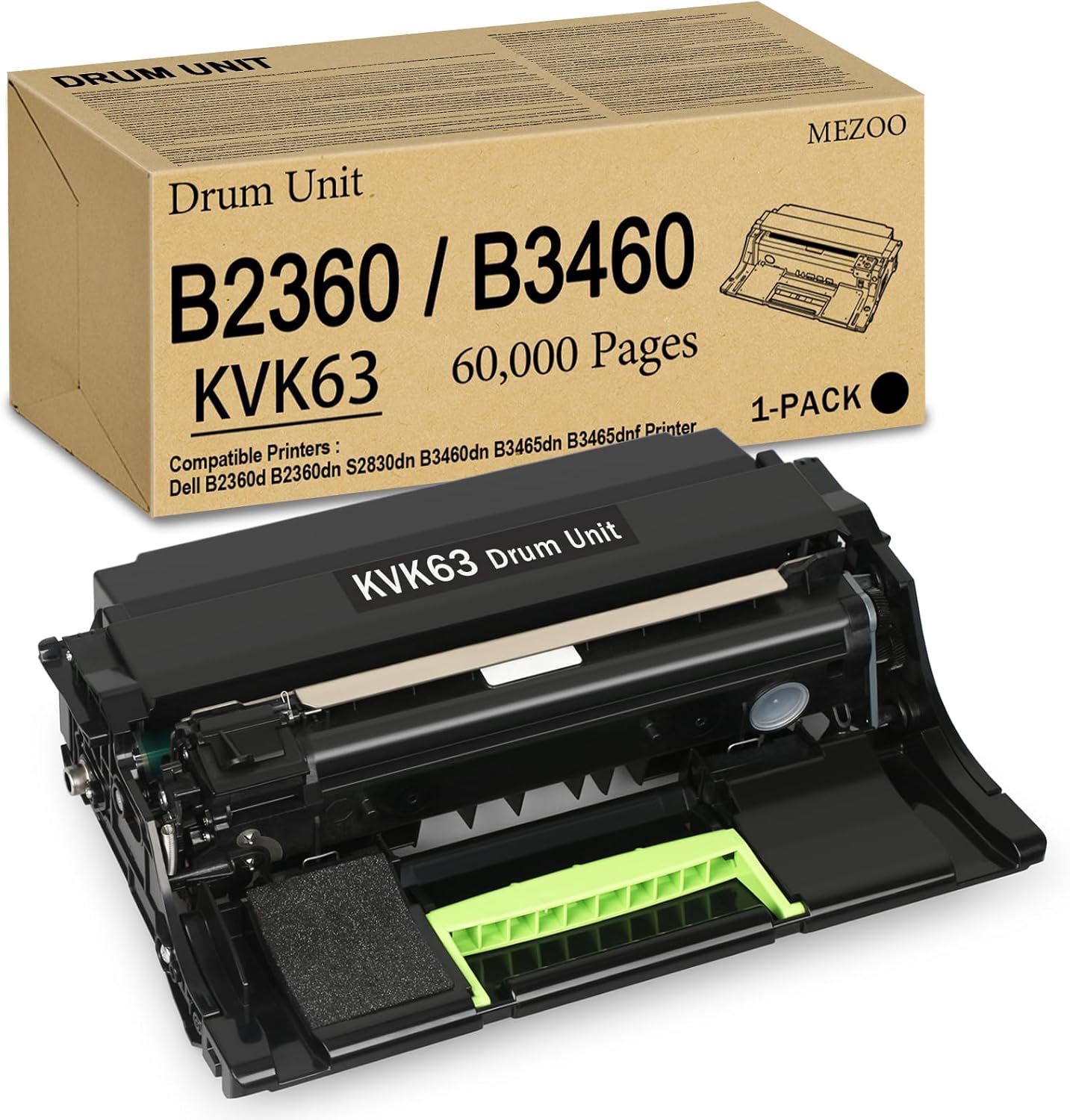 B2360 Drum Unit High Yield Dell KVK63 Imaging Drum Unit 331-9810 331-9811 Replacement for Dell B2360d B2360dn S2830dn B3460dn B3465dn B3465dnf Printer(1-Pack, Black: 60,000 Pages)