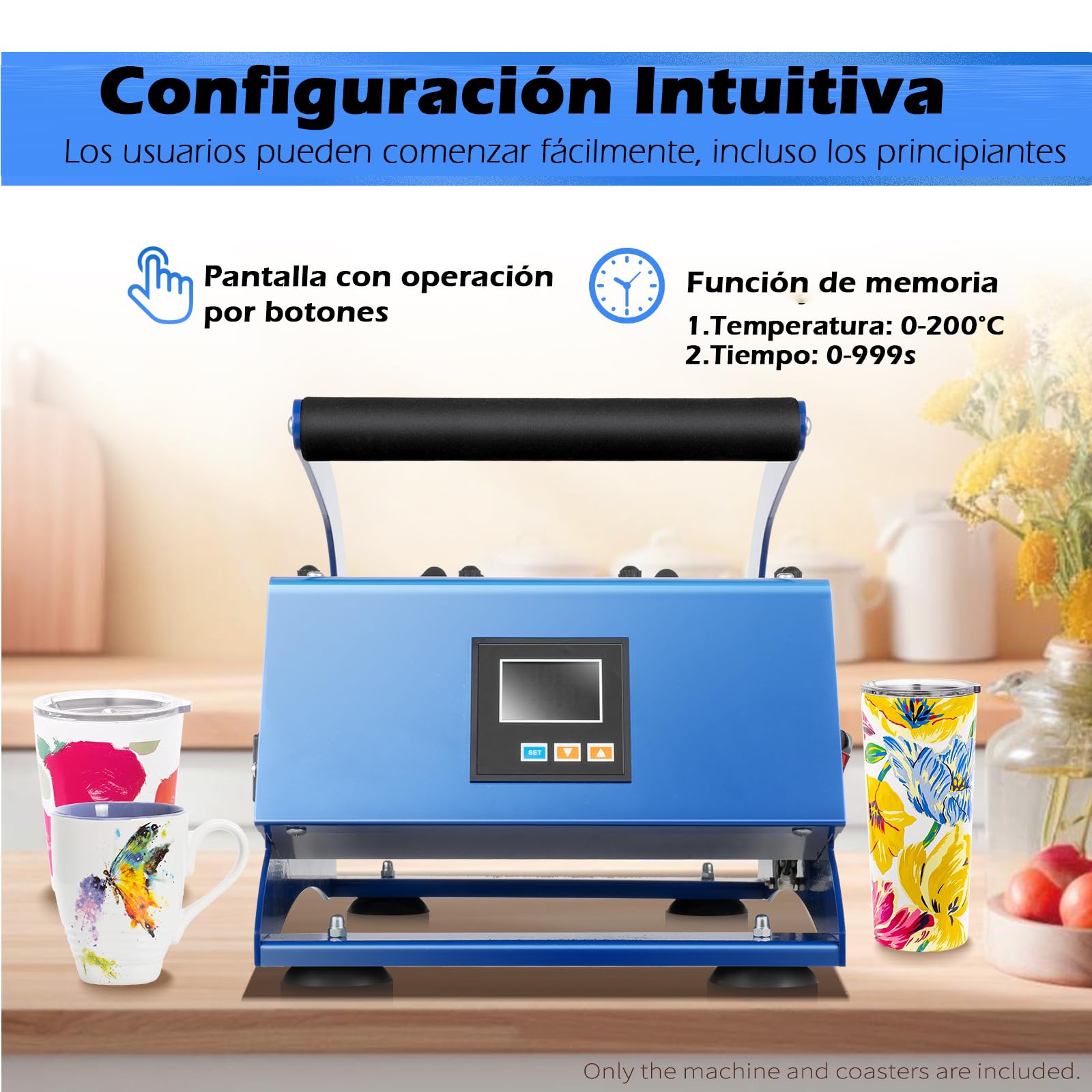 OUKANING 6 en 1 Prensa Térmica para Tazas 8-30oz Sublimacion Tazas Maquina 600W Control de Temperatura y Tiempo, Máquina de Prensado de Tazas, Prensa de Calor para Tazas de cerámica/vidrio/metal(Azul)