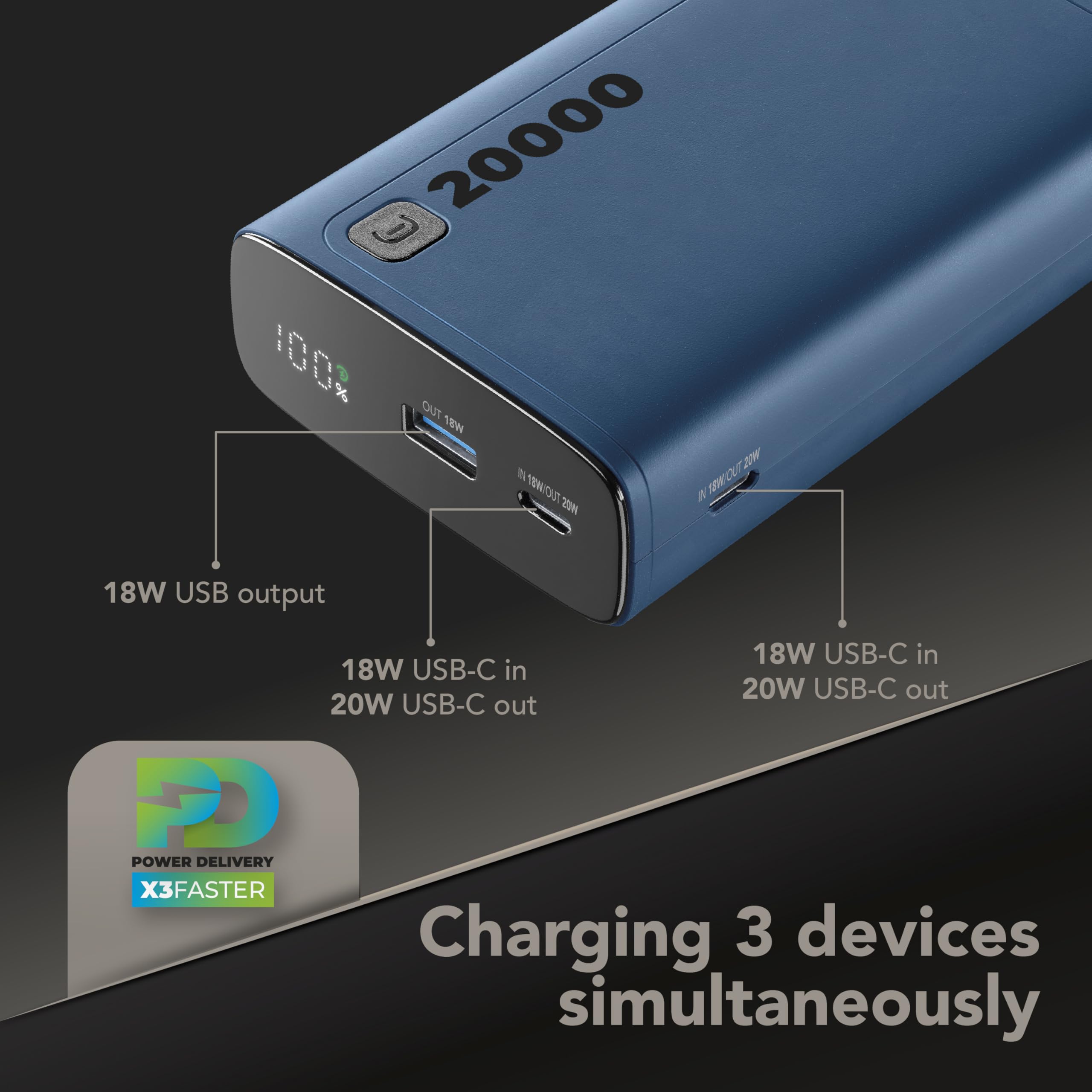 Cellularline - Elite 20000 - przenośna ładowarka - pojemność 20000 mAh - + 144 godziny dodatkowego ładowania - 1 x USB OUTPUT: technologia adaptacyjna 18 W, 2 x USB-C INPUT: 18 W/OUTPUT: 20 W, PD,