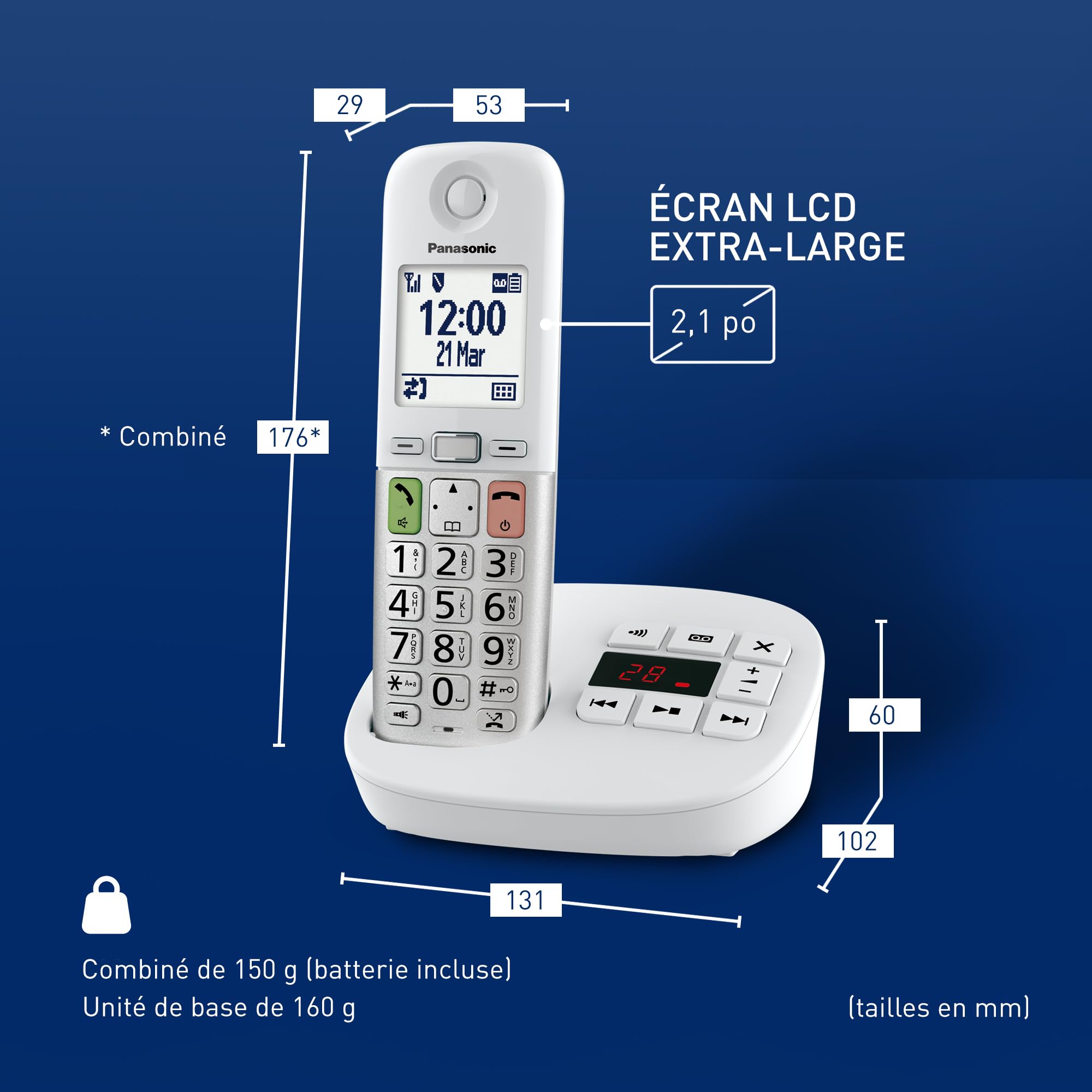 Panasonic KX-TGU430EXW Téléphone Numérique sans Fil avec Répondeur, Unité de Base et 1 Combiné, Écran LCD, Appels Favori, Lampe Torche, Compatible avec Les Appareils Auditifs, Blanc et Argent