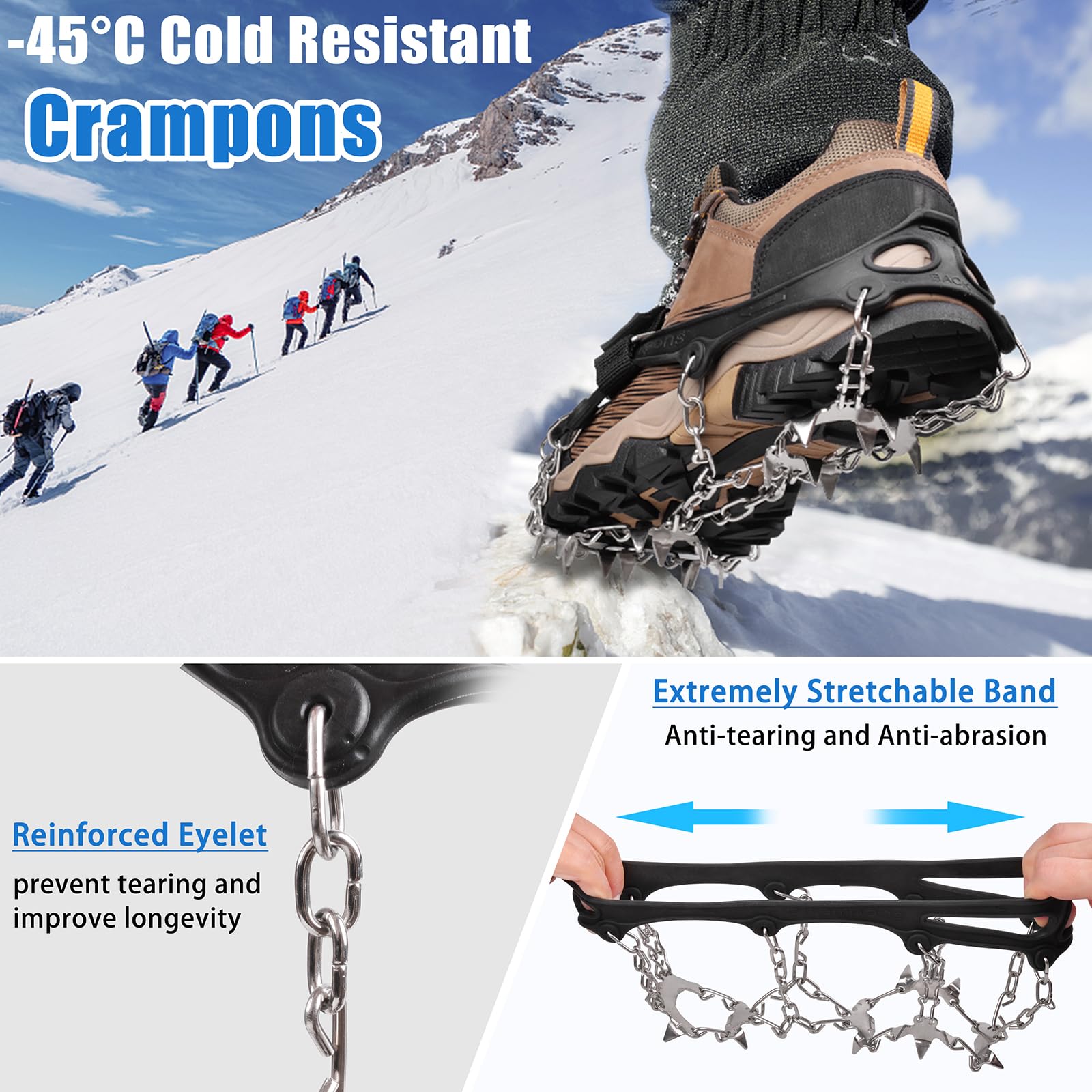 Crampons à 19 pointes antidérapantes pour chaussures et bottes, crampons de traction pour bottes de randonnée, bottes de randonnée, protection sûre pour la marche d'hiver, la randonnée, la pêche sur