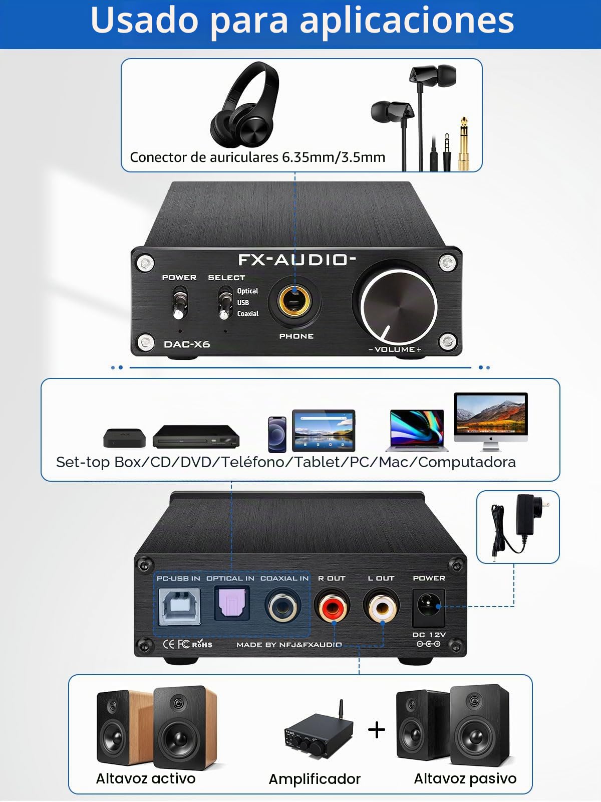 KGUSS FX Audio DAC-X6 Mini HiFi 2.0 Digital Audio Decodificador DAC Entrada USB/Coaxial/Salida Óptica RCA/Amplificador de auriculares 24 Bit/96KHz DC12V (divisor)