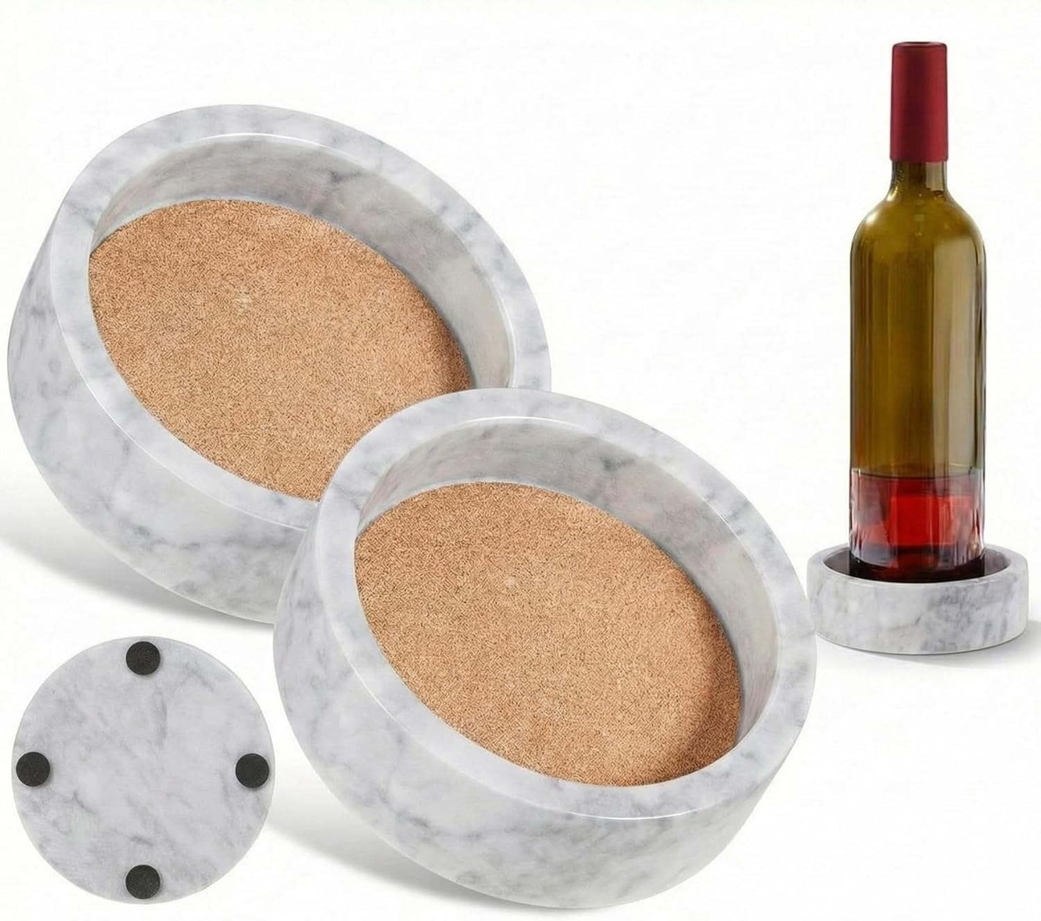 Hoolerry 2 Pcs Marble Wine Bottle Coaster Set Small Marble Wine Bottle Holder for Table with Absorbent Cork for Glass Jewelry Key (Black,4.7x1.2inch)