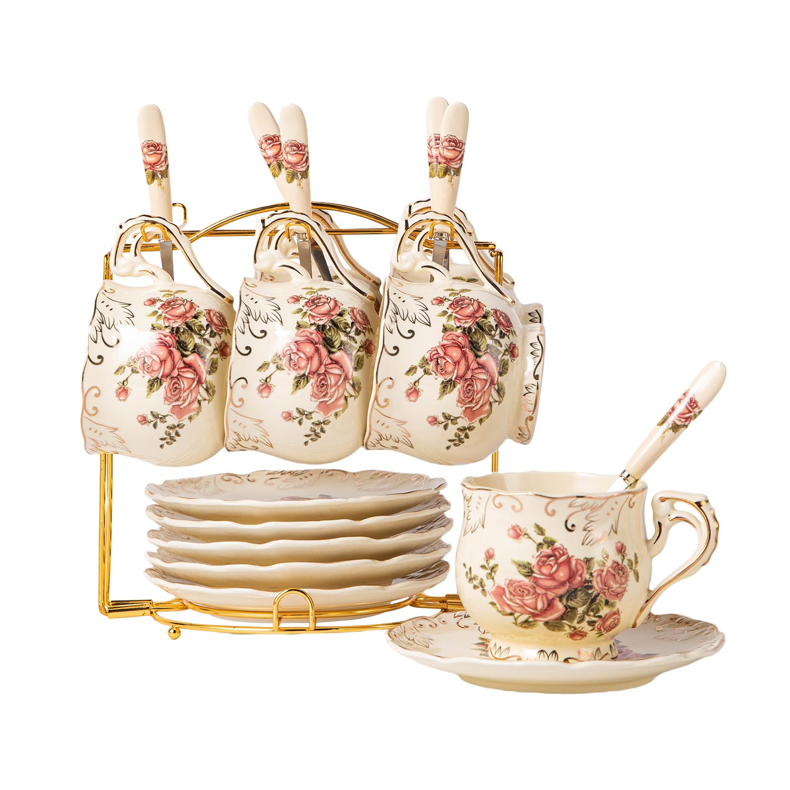 Yolife 6 Stück Teetassen & Untertassen Set, Zahnpasta Rose, 250ml Teetassen, Porzellan, für Tee-Kaffee, Teetassen Set mit Ständer