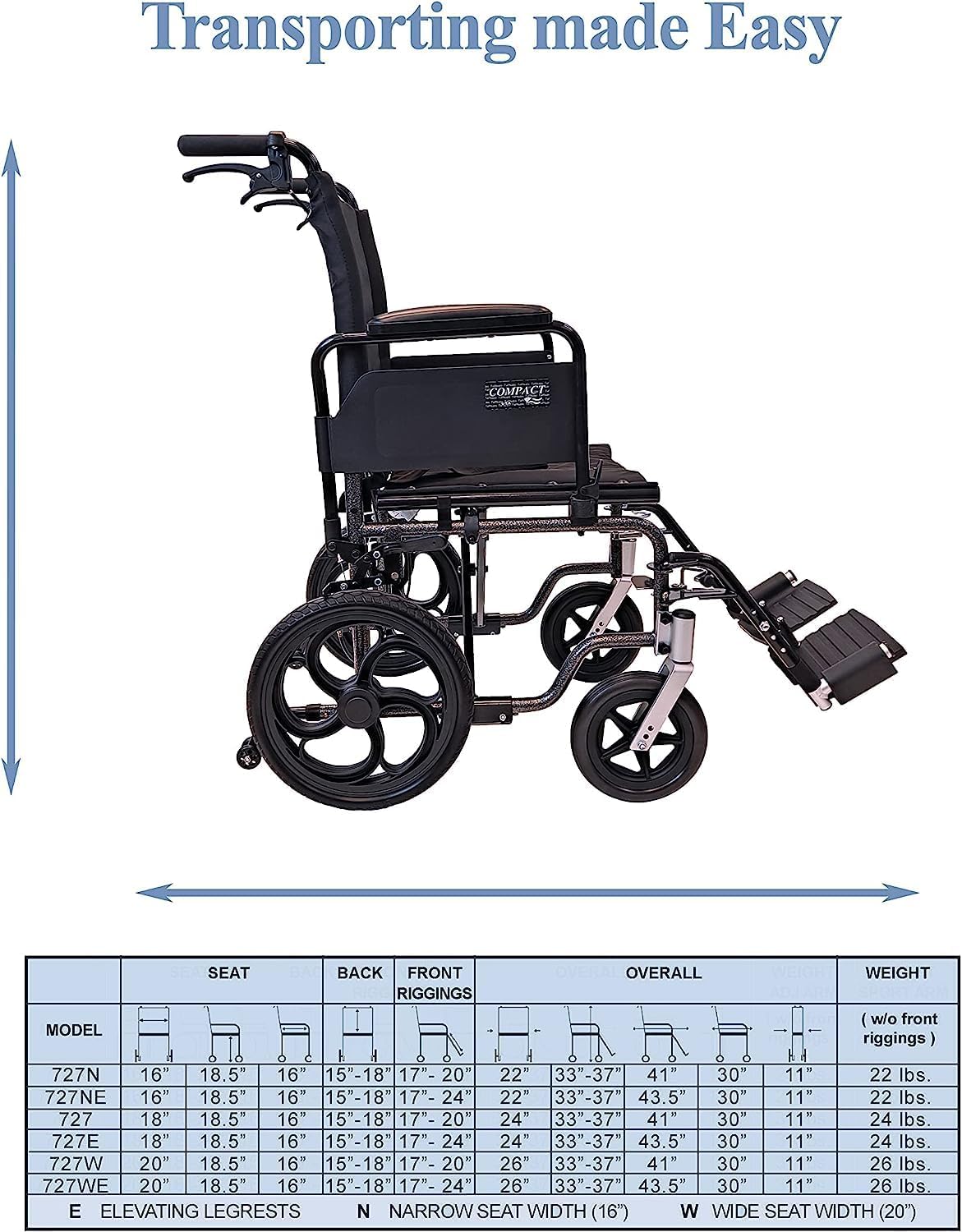 Detailed diagram showing various dimensions and model variations of the Tuffcare Transport Chair, including seat width, back height, front riggings, overall dimensions, and weight.
