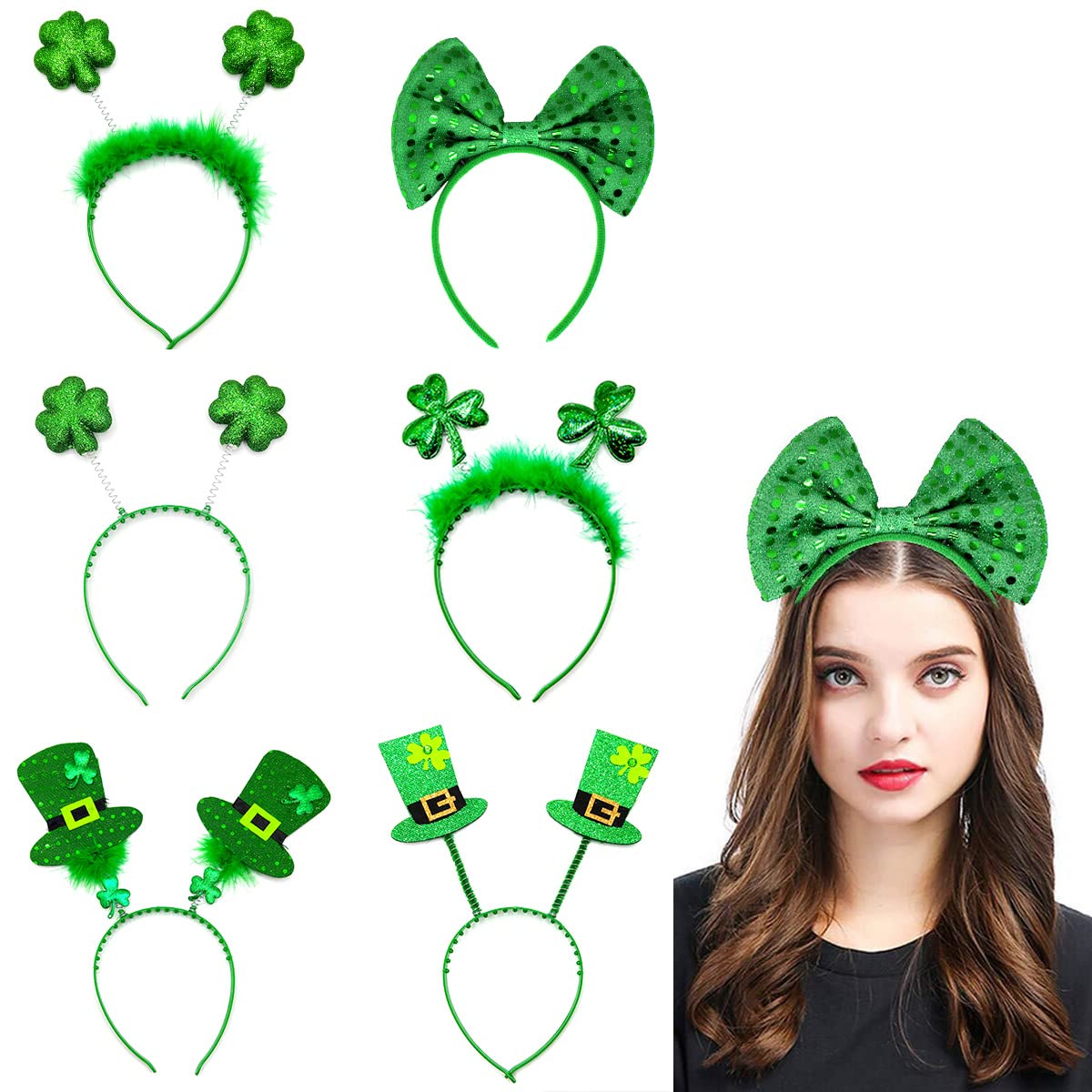Hidreas6 PCS St Patrick's Day Green Shamrock Clover Headbands Shamrock Headband Boppers for St. Patrick's Day Holiday Costume Accessories