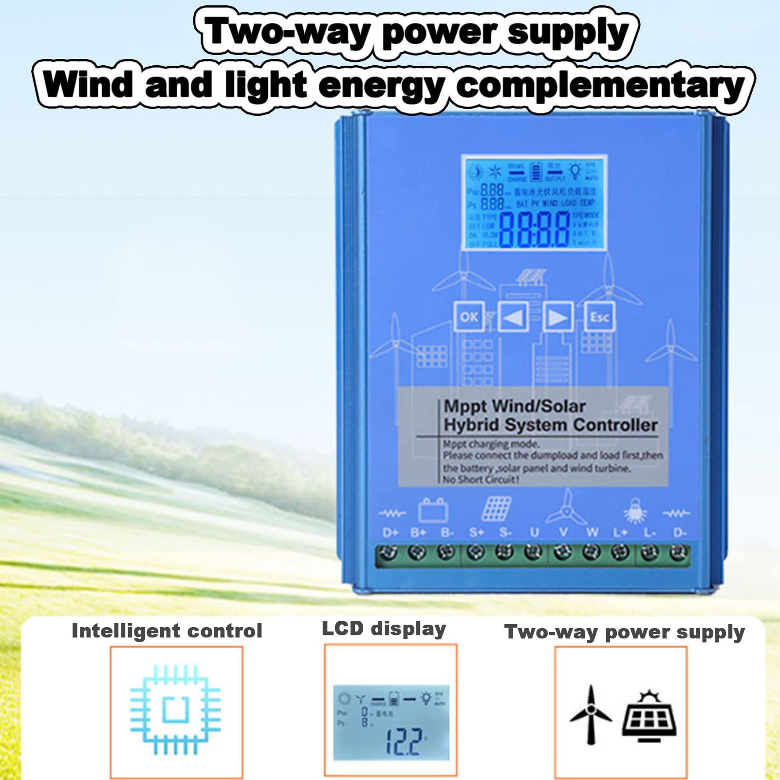 Controlador de Carga híbrido Solar eólico, Controlador de Carga MPPT de identificación automática de 12 V 24 V, Viento de 1000 W y Solar de 1000 W con Pantalla LCD para Sistema suplementari