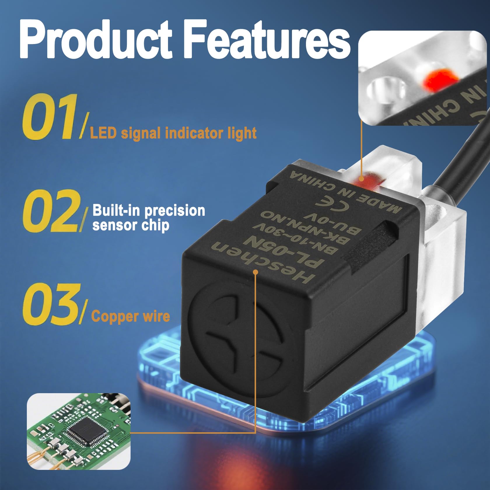 Heschen Lot de 5 interrupteurs de proximité inductifs PL-05N, 10-30 V 200 mA, NPN NO, distance du capteur 5 mm, CE