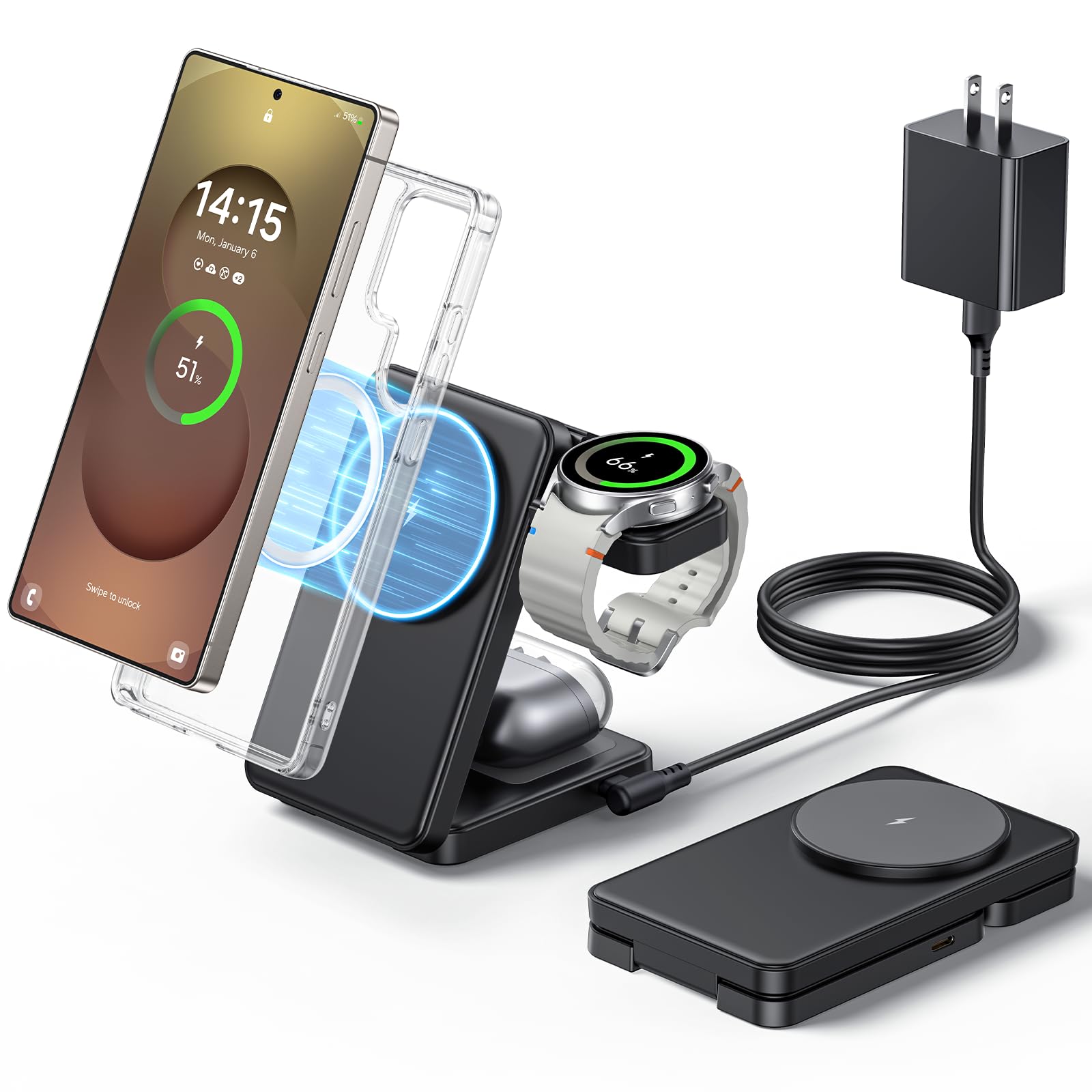 Upgraded Foldable Wireless Charger for Samsung, 3 in 1 Fast Mag-Safe Charging Station for Galaxy S26 S25 Ultra Plus/Z Fold/Z Flip 7/6/5, Watch Charger Stand for Galaxy Watch Ultra/8/7/6 Pro, for Buds