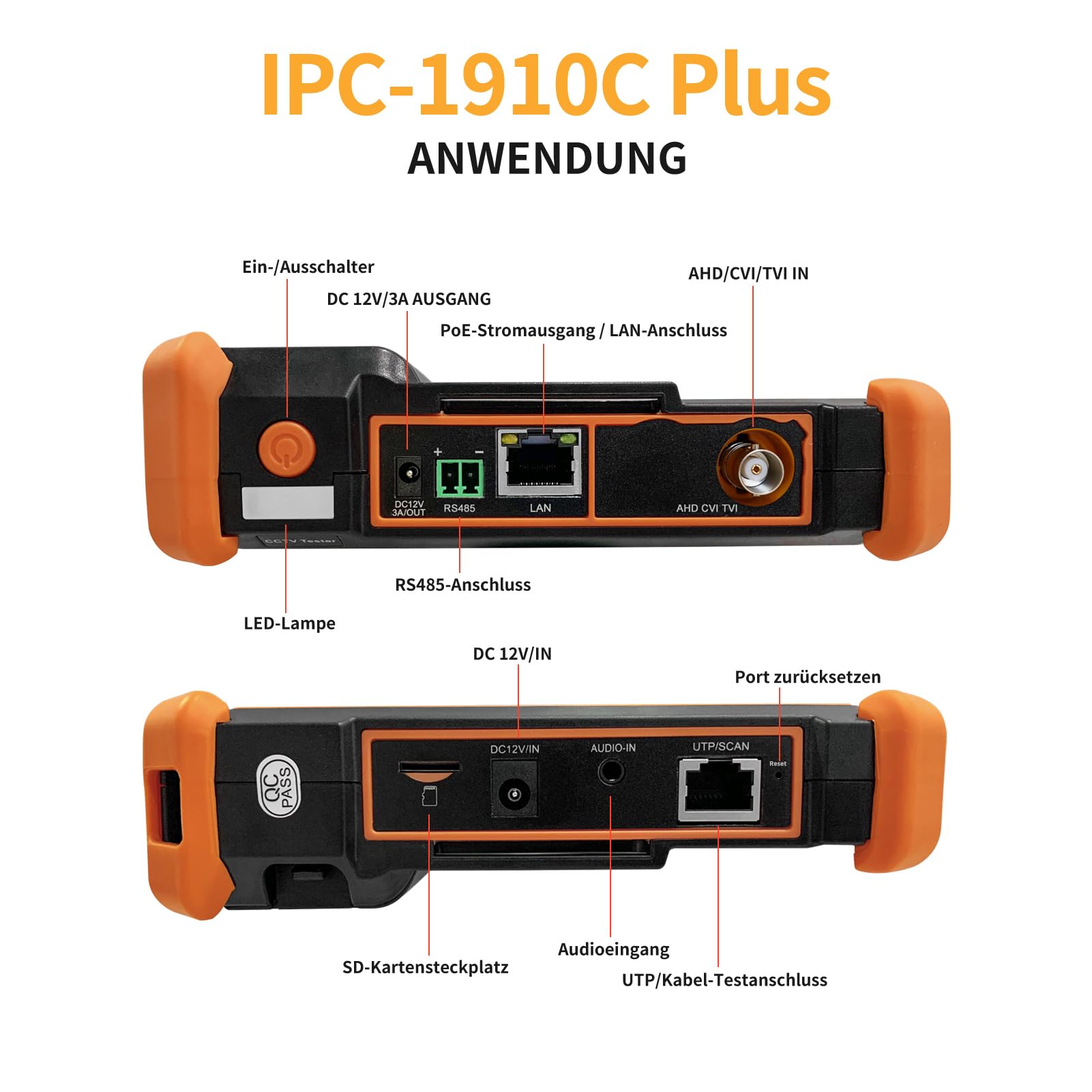 Henkion CCTV-Tester IPC-1910C Plus, 4-Zoll-Touchbildschirm Monitor, 8K 32MP IP und 4K 8MP TVI CVI AHD CVBS Kameratest, IPC Tester Unterstützung ONVIF RTSP POE PTZ WiFi RS485 mit Kabel-Tracker