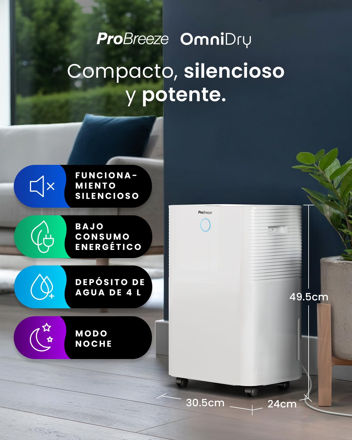 Pro Breeze OmniDry Deshumidificador 20L/Día hasta 30 M², WiFI, Depósito 4L, Secado de Ropa, Sensor de Humedad, Temporizador 24H, Modo Nocturno - Antihumedad, Moho y Condensación