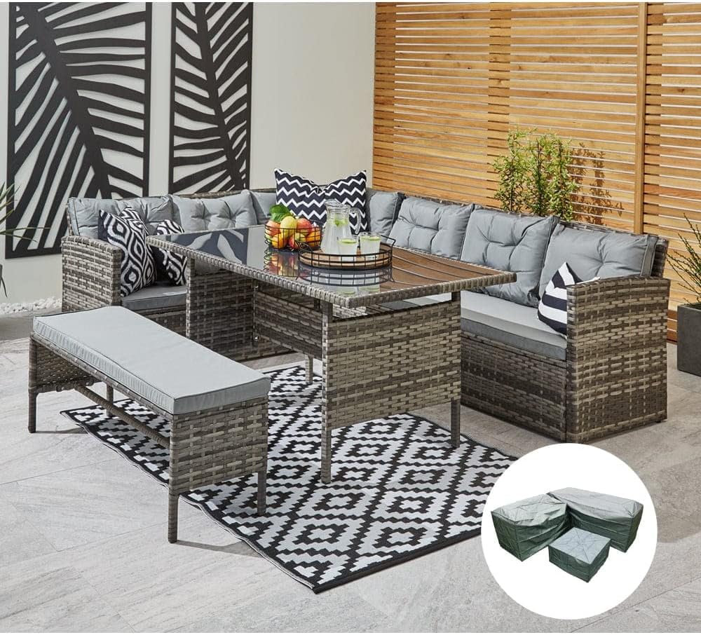 YAKOE R8CSD11R-NTX Outdoors Rattan Corner Garden Furniture Sofa 8 Seater with Bench Dining Set Dark Grey with Furniture Cover