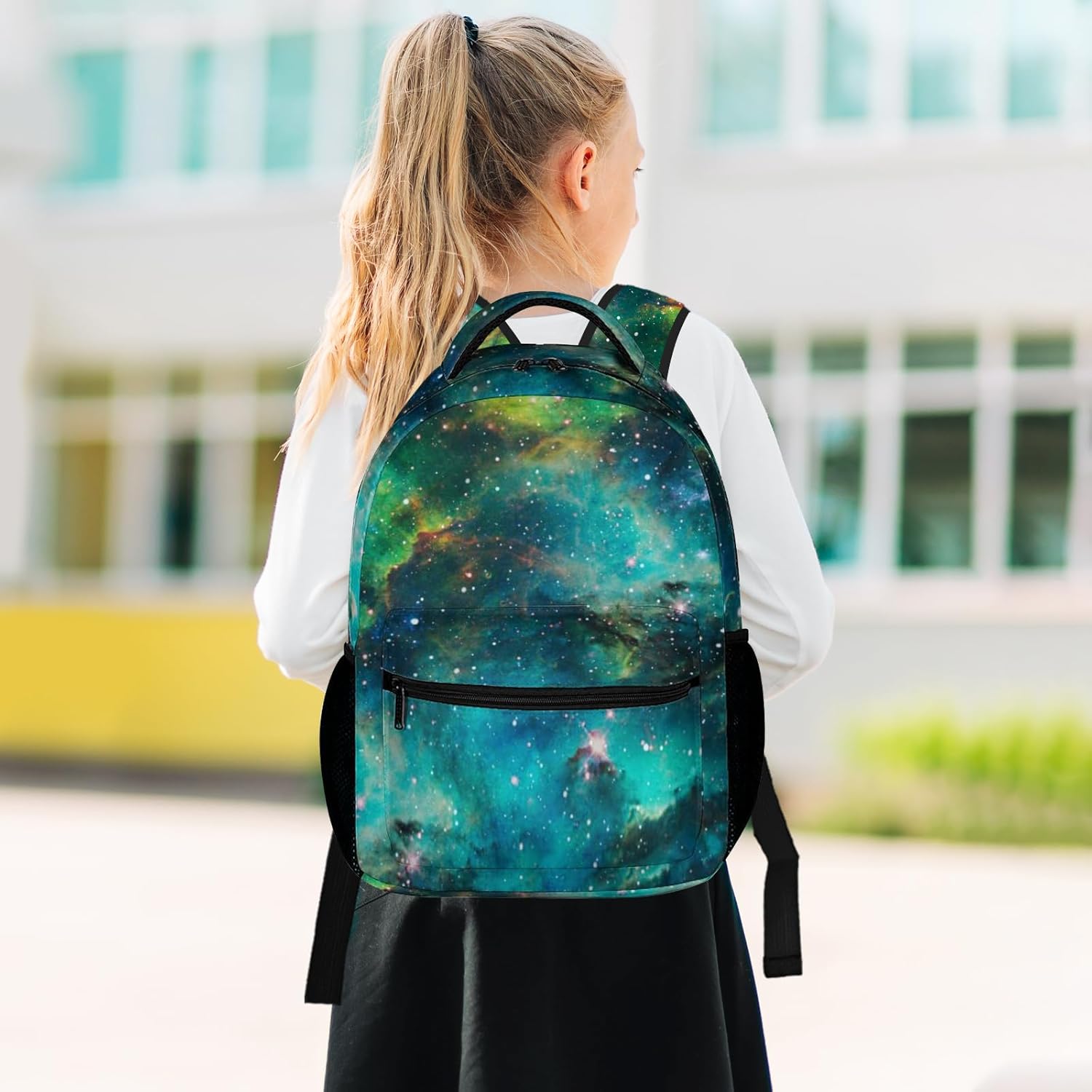 Green Galaxy Backpack Kids Space Universe Galaxy Backpack for Boys and Girls, Starry Stars Nebula Backpack for Elementary Kids, Children Travel Laptop Backpack, 16.5 Inch