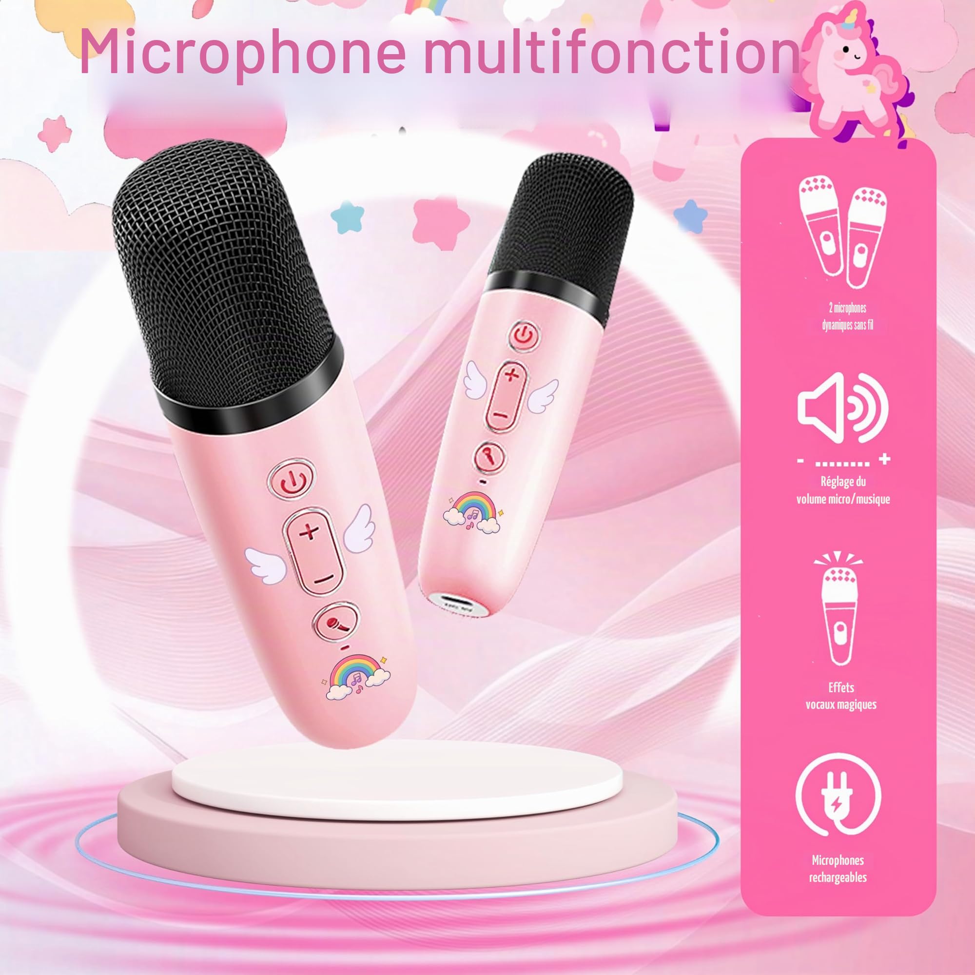 Micro Karaoké Enfant,Mini Enceinte Bluetooth avec 2 Micros sans Fil, Cadeau Fille 3 4 5 6 7 8 9 Ans, Licorne Jouet Musical pour Filles, Idée Cadeau Anniversaire,Micro Enfant pour Chanter