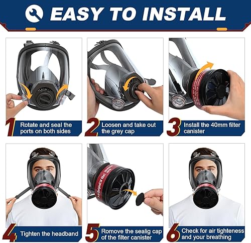 Miniatura 6 de Máscara de gas de supervivencia nuclear y química - Respirador con filtro de carbón activado de 1.575 in, máscara respiradora reutilizable de cara