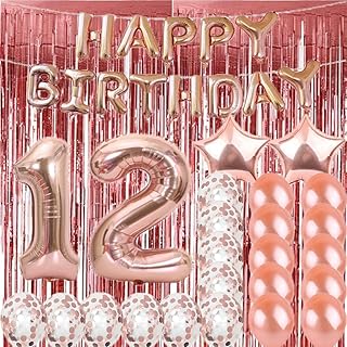 Sweet 12th Birthday Decorations Party Supplies,Rose Gold Number 12 Balloons,12th Mylar Balloons Rose Gold Foil Fringe Curtains Photo Backdrop Great 12th Birthday Gifts for Girls,Women,Men,Photo Props