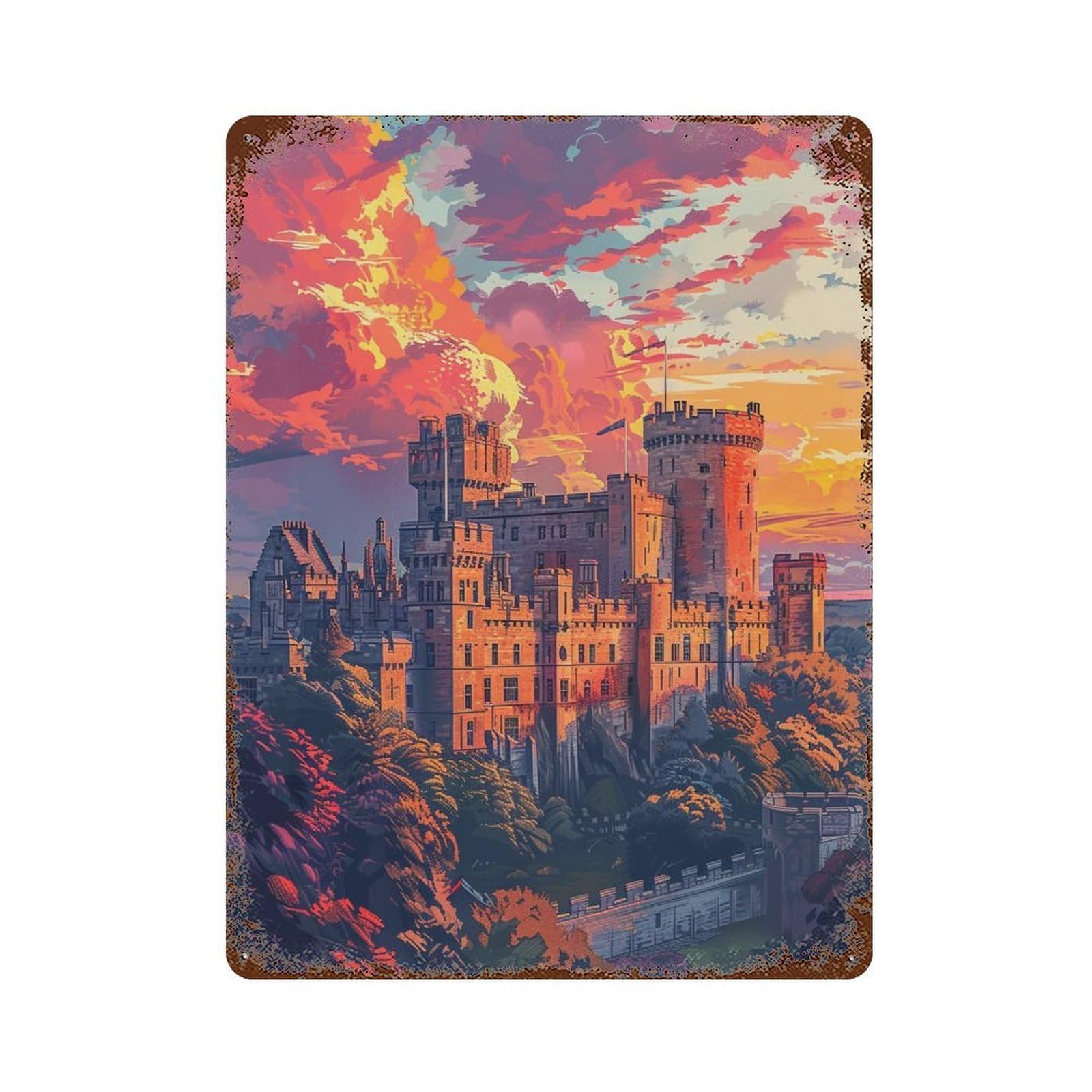 Garage Style Castle Sunset Landscape-2 Decorative Tin Sign 15.7"x11.8", Shabby Chic Decor for Bar And Workshop