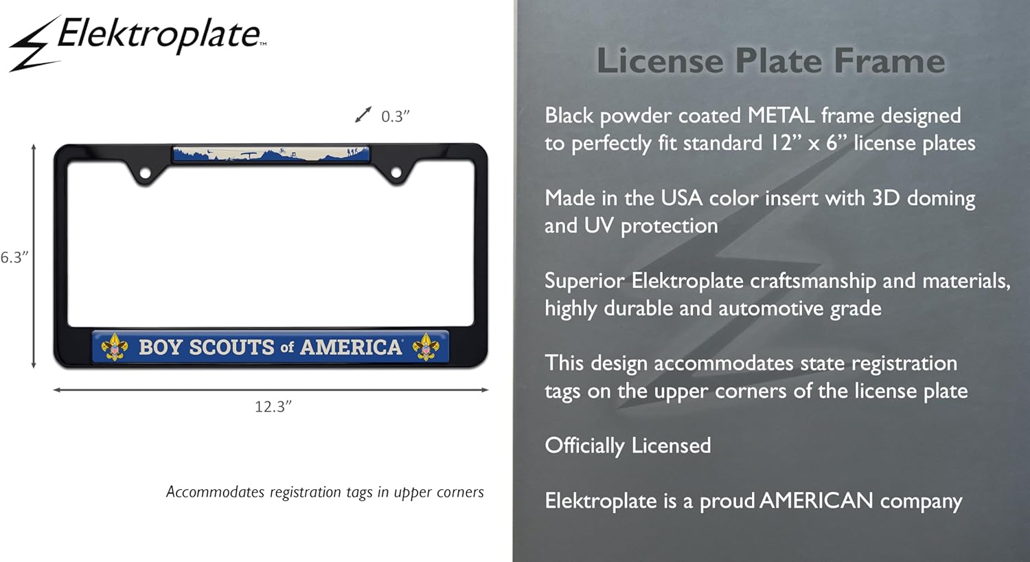 Elektroplate Officially Licensed - Scouting America Black All-Metal Standard Size License Plate Frame Tag Holder for Cars/SUVs/Trucks Weather-Proof Automotive Accessory