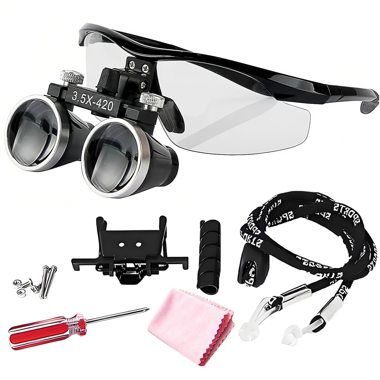 3.5X Galilean Magnification Loupes — Lightweight Durable Plastic Frame, Flip-Up Design, 420 mm Working Distance, Wide Field of View — Headlight Conversion Clip & Cable Looper Included