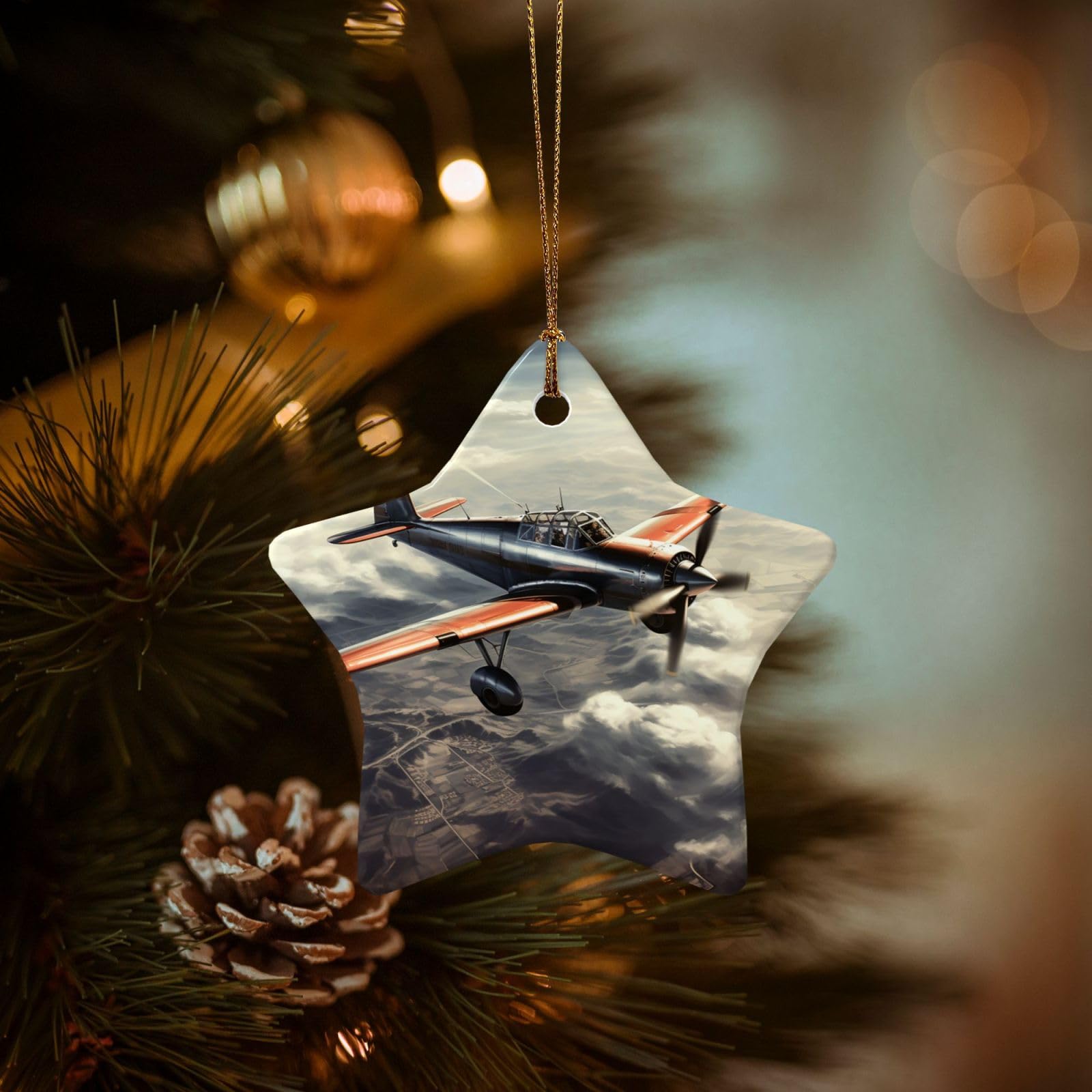 Christmas Ornaments for Christmas Tree Decoration Hanging Retro Airplane Ornament with Gold Ribbon Crafts Star Shape Ceramic Pendant for Keepsake Gifts Xmas Decor Party Supplies