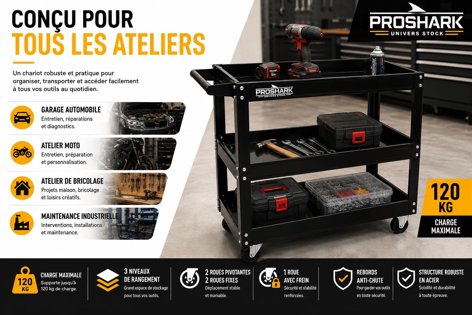Chariot d'atelier Mobile 3 Niveaux - Charge 120 kg - 4 Roues Dont 2 pivotantes et 1 Frein - Servante de Transport - Chariot de Rangement pour Garage, Atelier et mécanicien