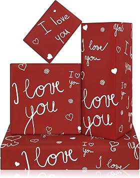 Geluode Valentines Day Romantic Wrapping Paper, Romantic I Love You Red Wrapping Paper, Folded Flat 4 Sheets 20x28 inches Per Sheet For Birthday, Anniversary, Wedding, Bridal Shower, Engagement