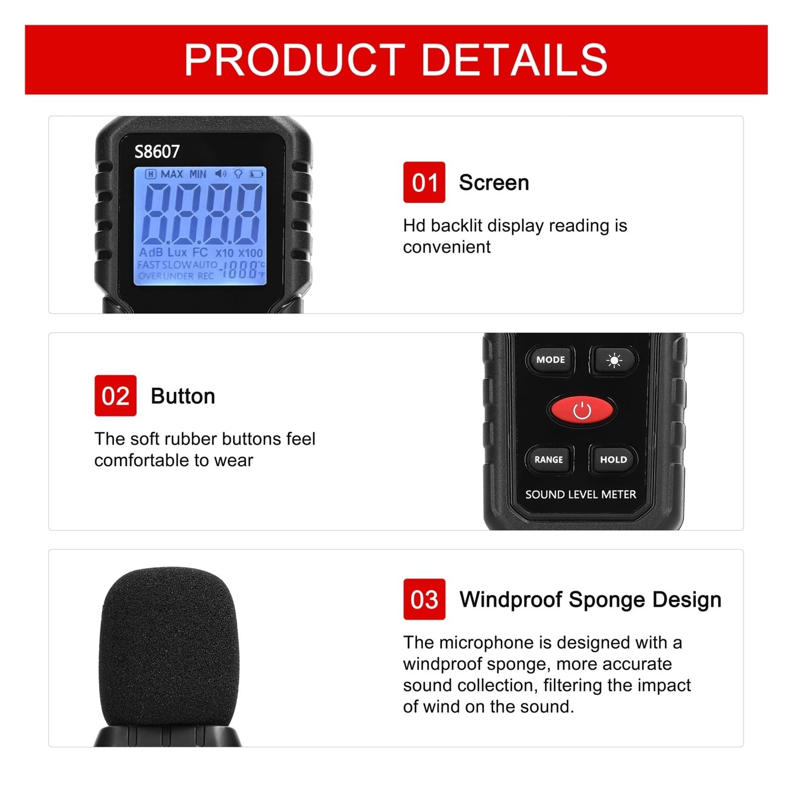 Un Rilevatore Di Rumore Ponderato 30-130dB Mini Dispositivo Monitoraggio Decibel Fonometro Ad Alta Precisione Display Digitale Con Retroilluminazione Precisione Estremamente Elevata