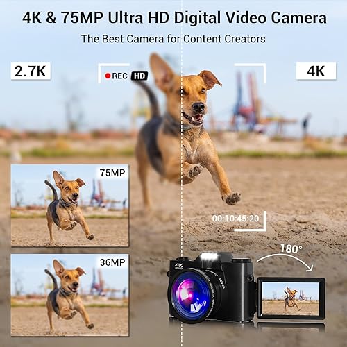 Miniatura 2 de Cámara digital, FHD 4K 75MP WiFi Vlogging cámara de video para YouTube con pantalla abatible de 180 de 3 pulgadas, tarjeta SD de 64 GB, zoom digital
