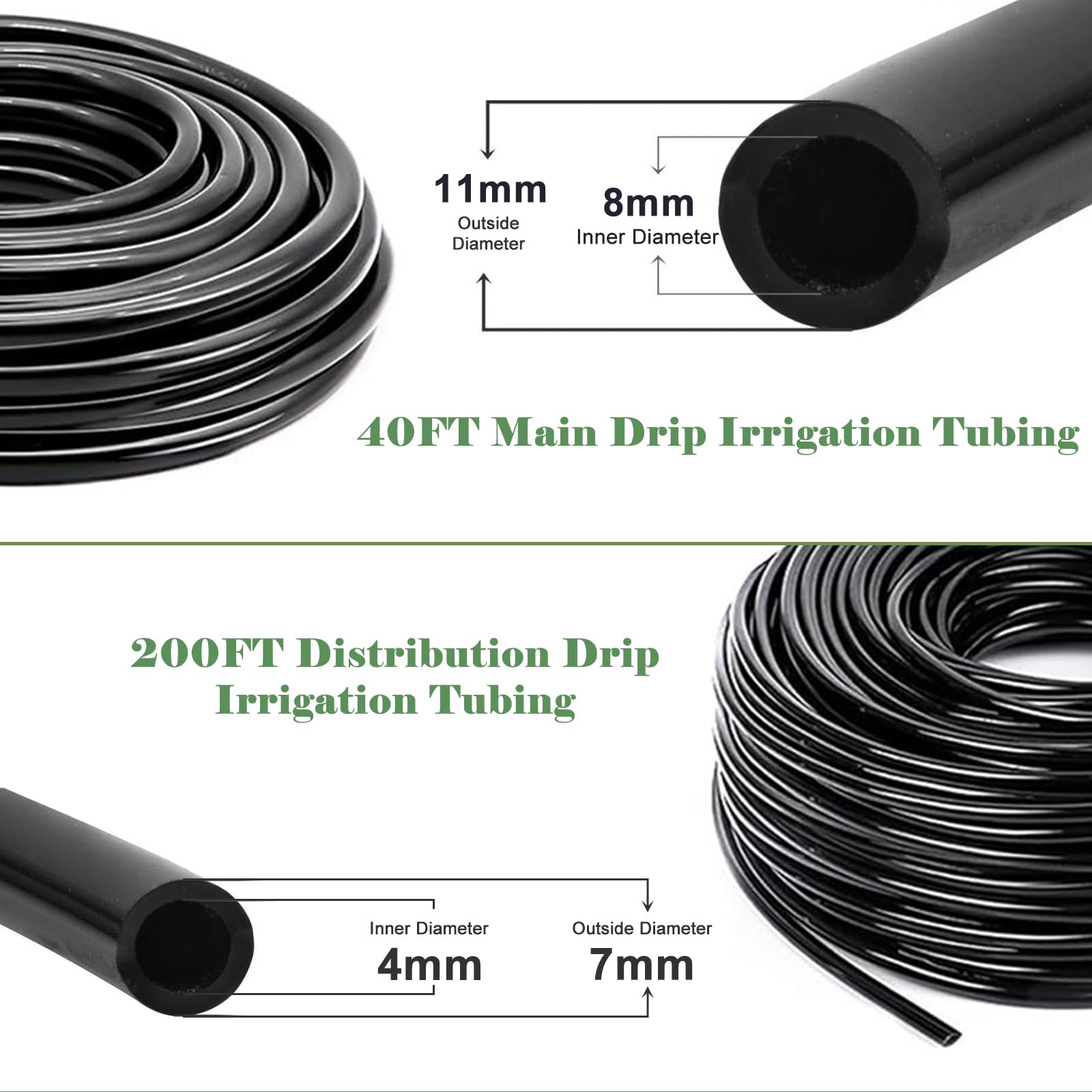 Sistema de riego por goteo de 200 pies + 40 pies, sistema de riego de jardín con tubo principal de 8/11 mm, tubo de riego de distribución de 4/7 mm y accesorios, sistema de riego para jardín,