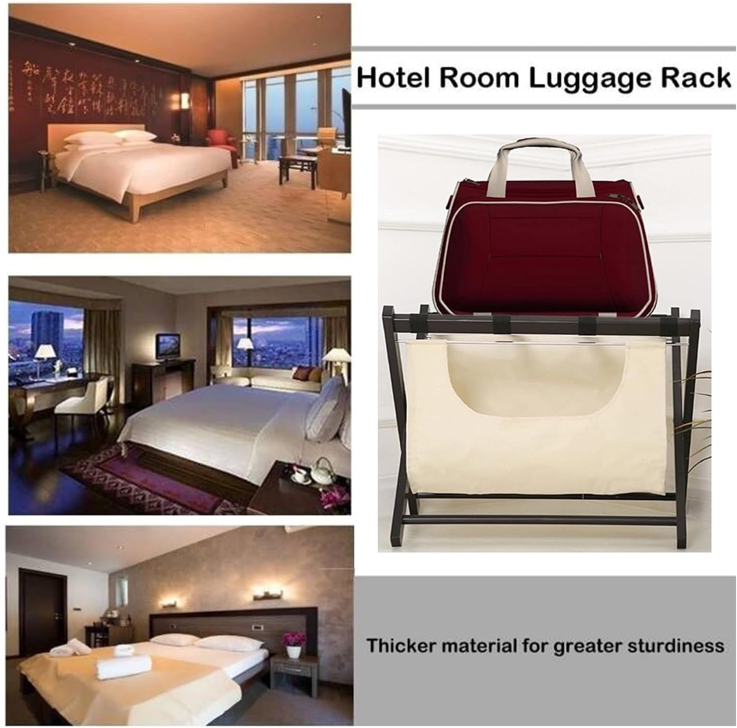 Faltbarer Gepäckständer - Kofferständer aus Holz mit Stofftaschen und Schuhaufbewahrung, Reise-Organizer aus schwarzem Massivholz für Hotelzimmer, 2 Stück, 63 x 45 x 50 cm