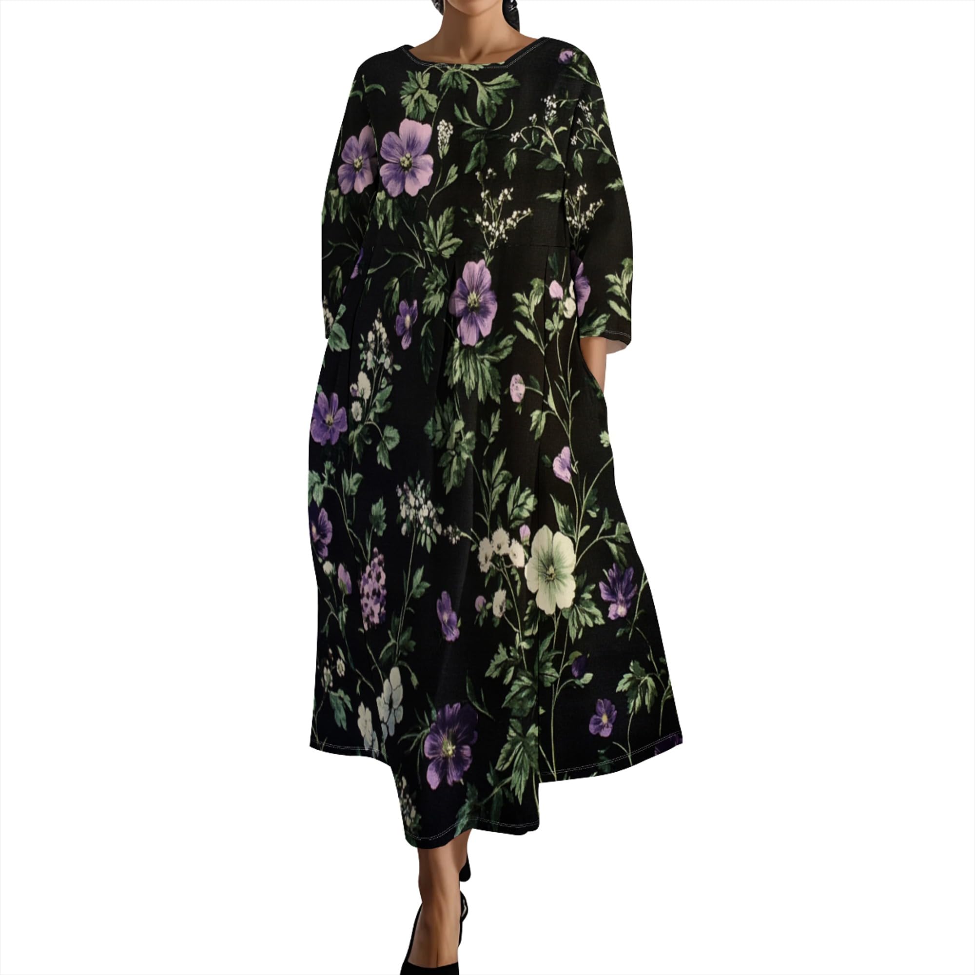 DMOYALA Women Linen Floral Maxi Dress Spring Long Sleeve Flowy Oversized Baggy Boho Dresses Casual Loose Long Dress Pocket