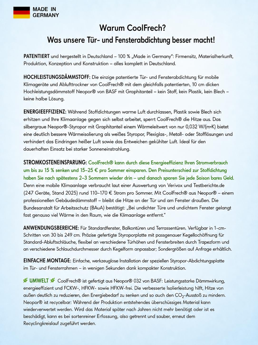 Fensterabdichtung 30-249 cm für mobile Split-Klimaanlage kompatibel mit Midea PortaSplit, Climia, Evolar, Eurom, Trotec, Remko