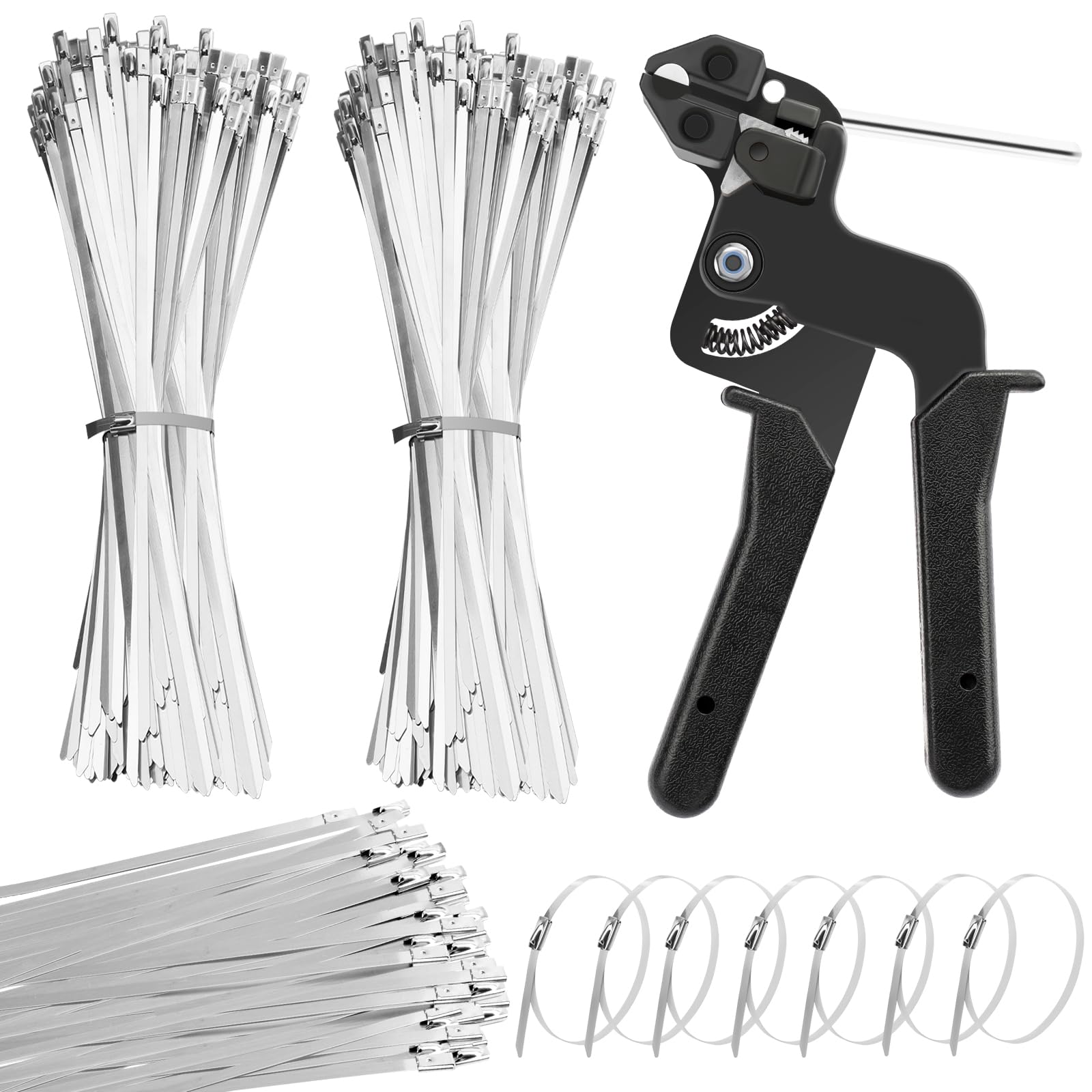 Heytimi Stainless Steel Cable Tie Gun with 200 Pcs 11.8 inch Metal Zip Ties Heavy Duty Cutting Tie Tool Self-locking Cable Tie Gun Kit for Fastening and Cutting Fence Exhaust Pipe Outdoor (11.8'')