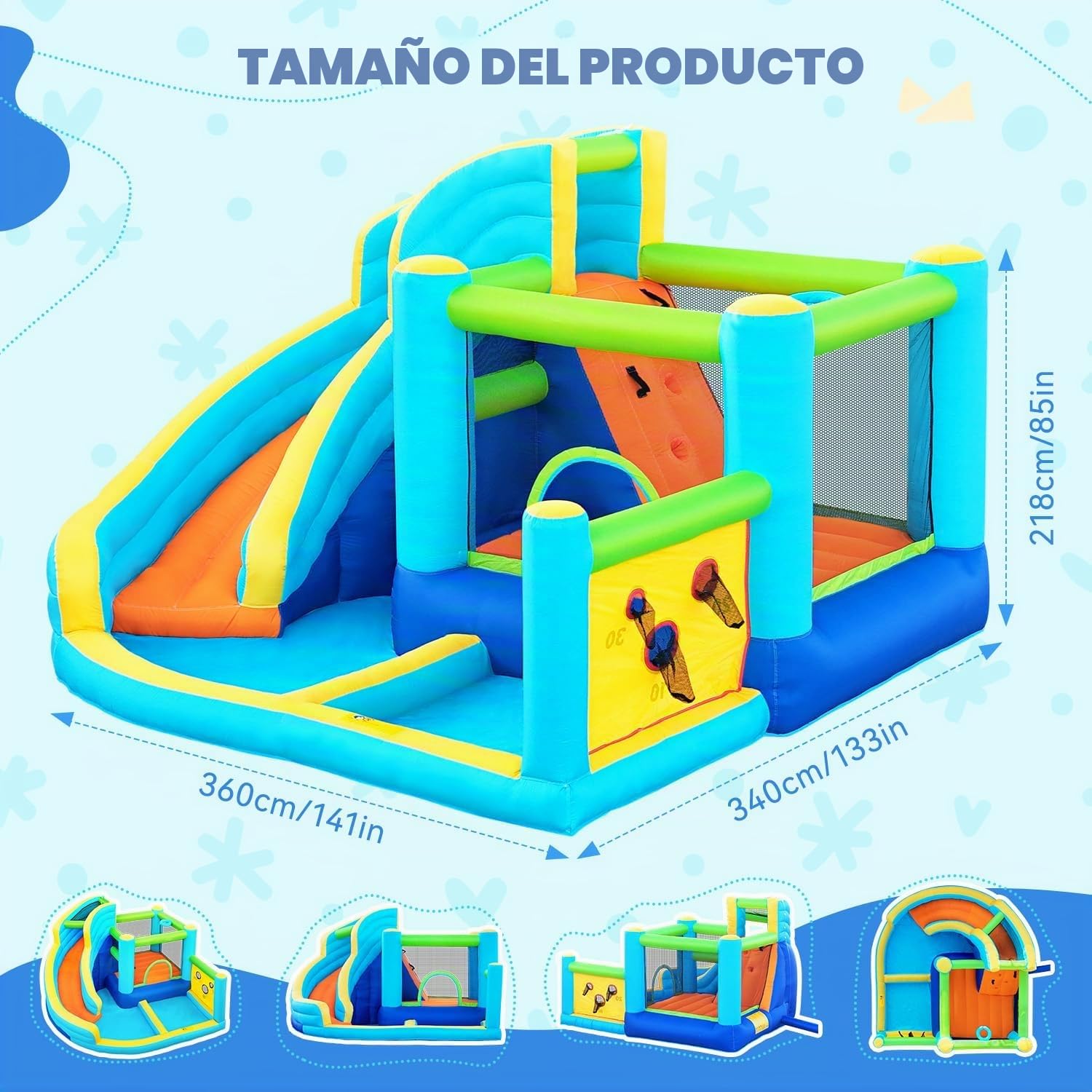 FBSPORT Castillo Hinchable Acuatico con Tobogán Seco/AcuáTico, Trampolín, Pared De Escalada y Piscina Infantil, Castillo Hinchable Grande para Niños para Jardín Exterior Interior 360 X 340 X 218 cm