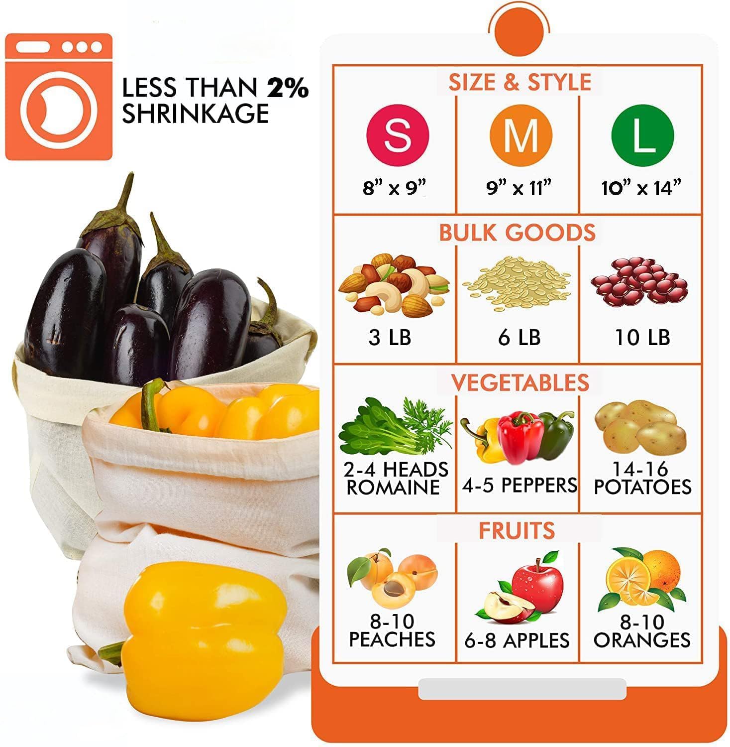VEPROIX 100% Cotton Reusable Fridge Storage Bags for Fruits & Vegetables | Set of 12 (4 Large 10×14 in, 4 Medium 9×11 in, 4 Small 8×9 in) | Eco-Friendly Drawstring Multipurpose Bags 2