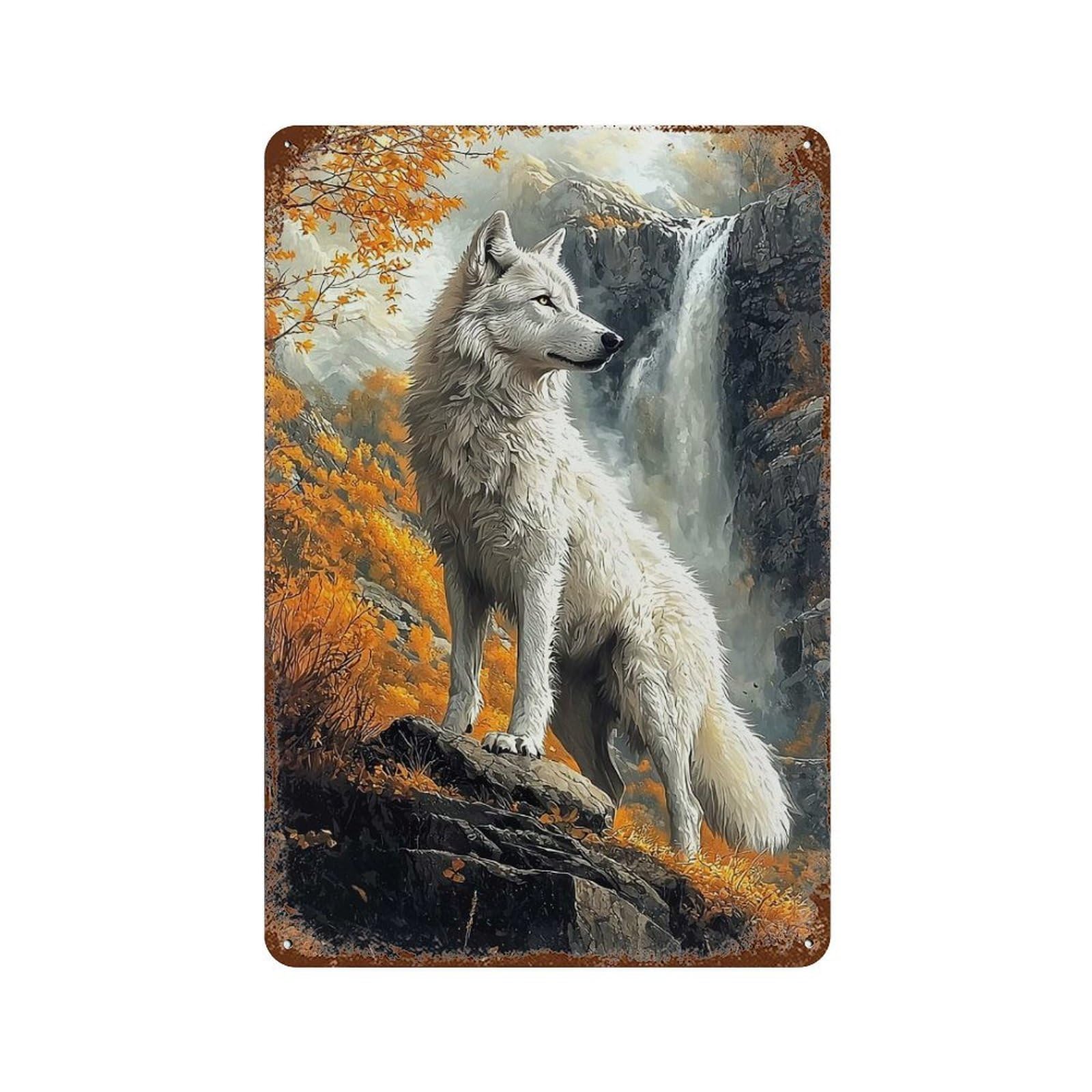 White Wolf by Waterfall Weathered Tin Sign 11.8"x7.9", Shabby Chic Decor for Garage, Pub Or Kitchen