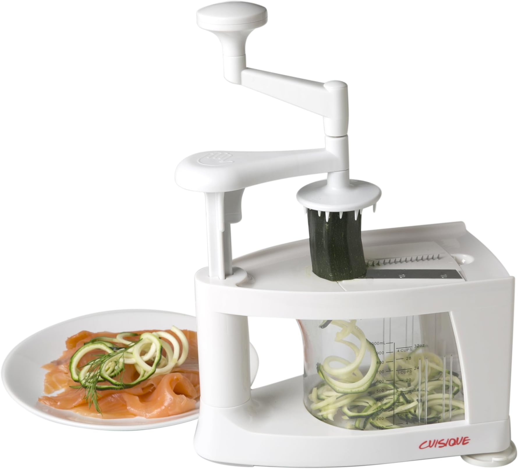 Cuisique Spiralizer The Premium Easy to use Healthy Courgette Spaghetti Pasta Maker, with Extra 4 Blade Bundle including - Fruit Slicer, Mandolin, Vegetable Cutter and Juicer - with a Unique 1 Litre Spiral Catcher