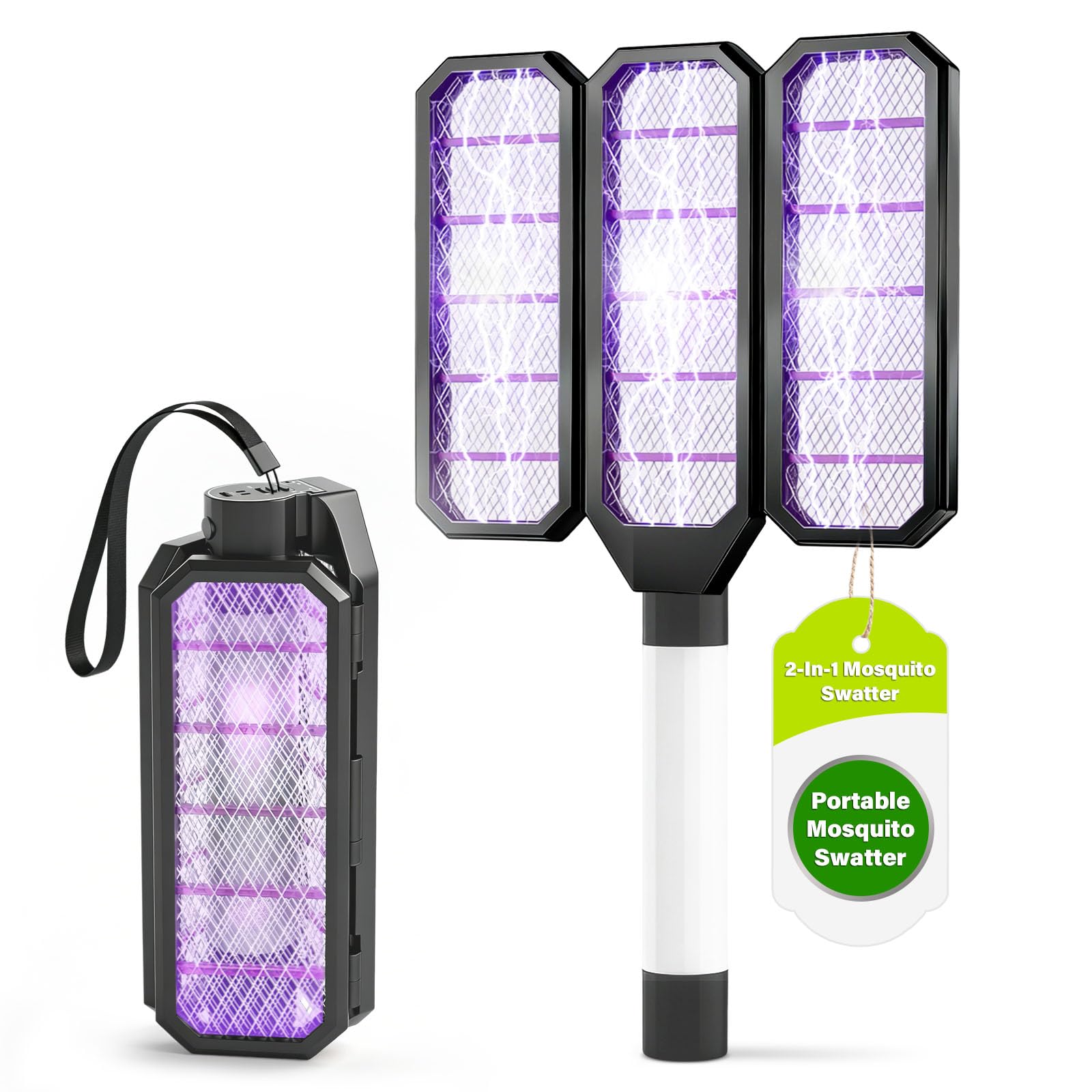 2 in 1 Elektrische Fliegenklatsche, Fliegenlampe,USB Aufladbarer, Faltbar Tischgerät/Wandgerät/Handgerät Mückenklatsche, Anti Mücken Lampe für Innen Outdoor Schlafzimmer Haus Patio Hinterhof (Schwarz)