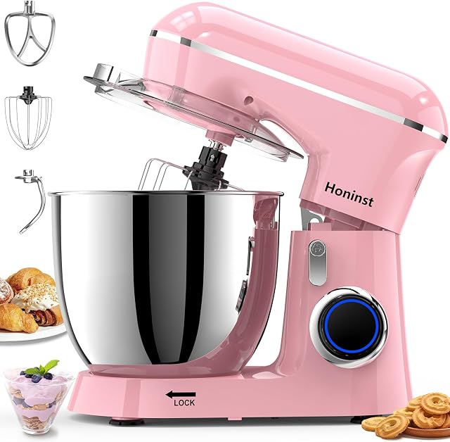 Mélangeur sur socle Honinst, 6,5QT 10 vitesses 660W, mélangeur électrique à tête inclinable, mélangeur de cuisine 3-en-1 avec bol, crochet à pâte, fouet et batteur, mélangeur alimentaire pour la pâtisserie, les gâteaux et la plupart des cuisiniers à domicile, Rose