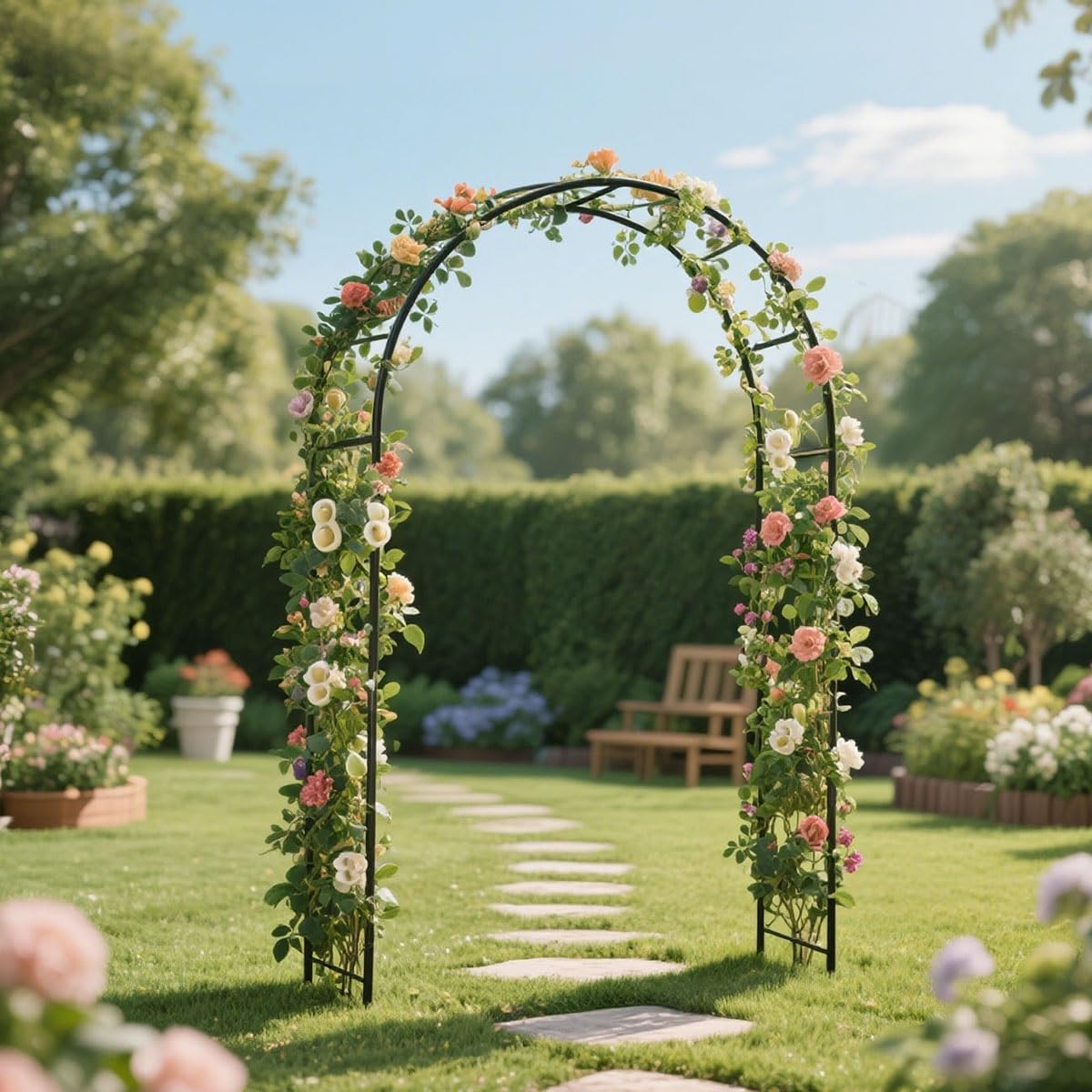 ROSENBON Garten Rankhilfe Rosenstütze aus schwarzem Metall 200 x 230 cm Verstellbares Klettergerüst für Hochzeit Feier und Gartendeko Stabile Pflanzenstütze