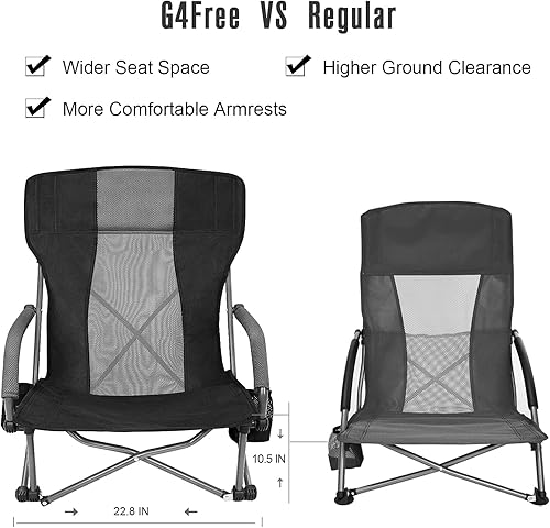 Miniatura 6 de G4Free Sillas de camping plegables de playa con eslinga baja, soporte lumbar compacto para concierto, con bolsa de transporte, color negro